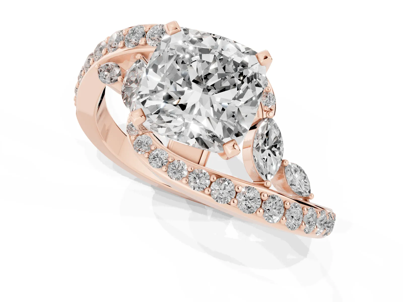 Cushion Cut Diamond Solitaire Ring with Filigree Band and Four-Prong Setting Rose gold