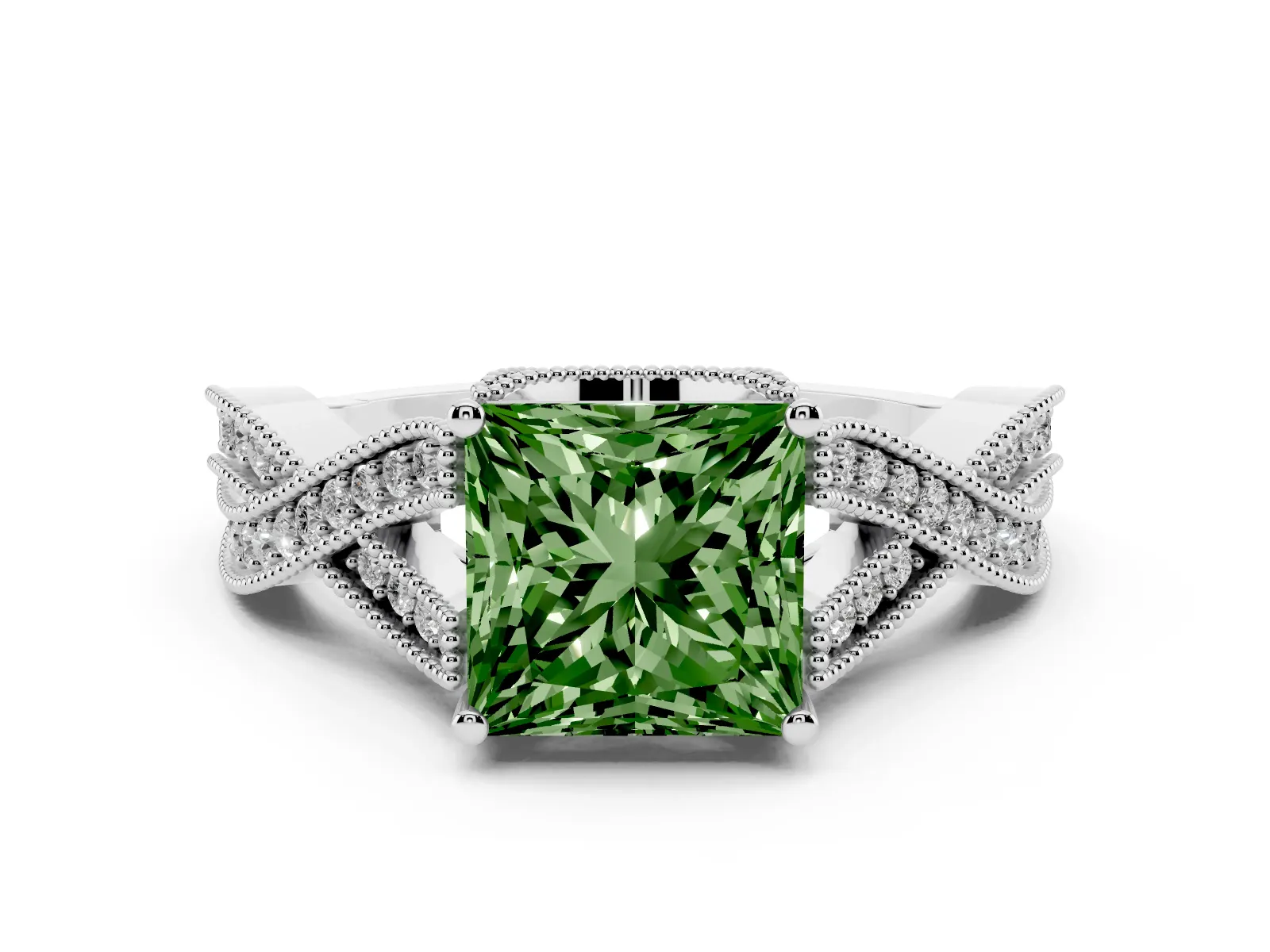 Fancy Green Princess Cut Cut Diamond Twisted Band with Milgrain Pave Setting and Four-Prong Setting Platinum
