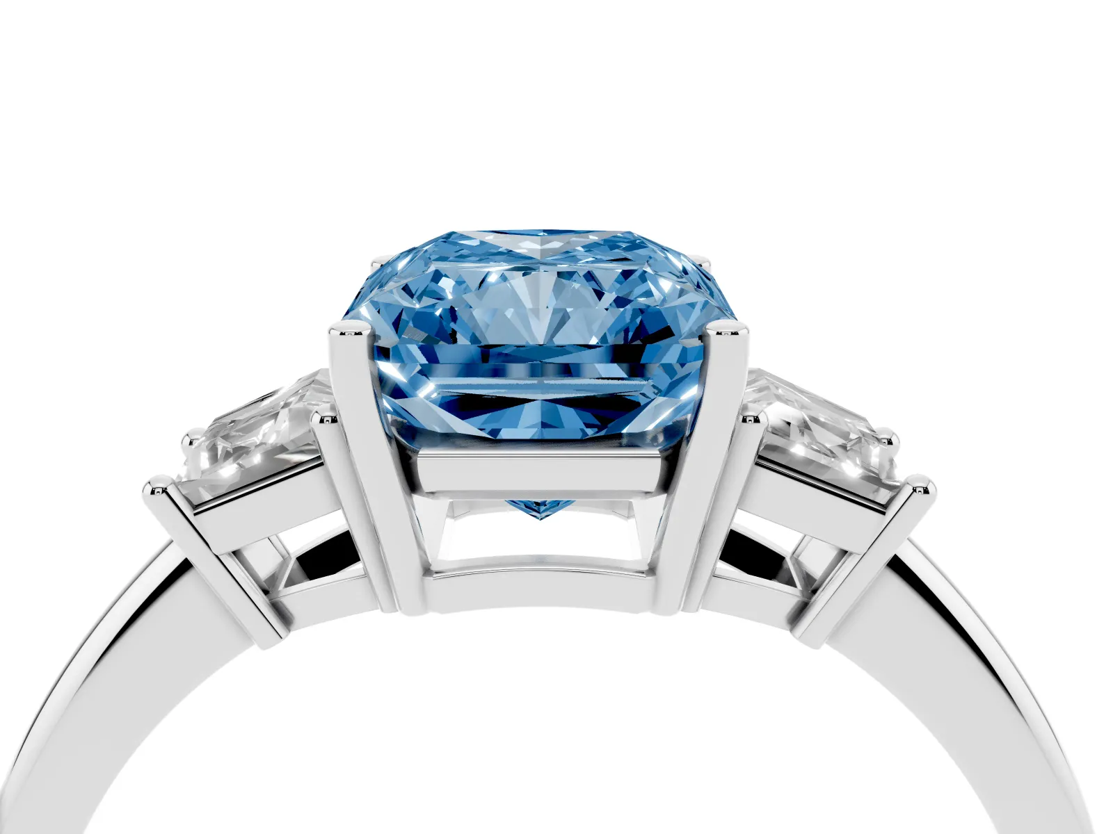 Fancy Blue Radiant Cut Diamond Three-Stone Ring with Trapezoid Side Stones and Prong Setting Platinum