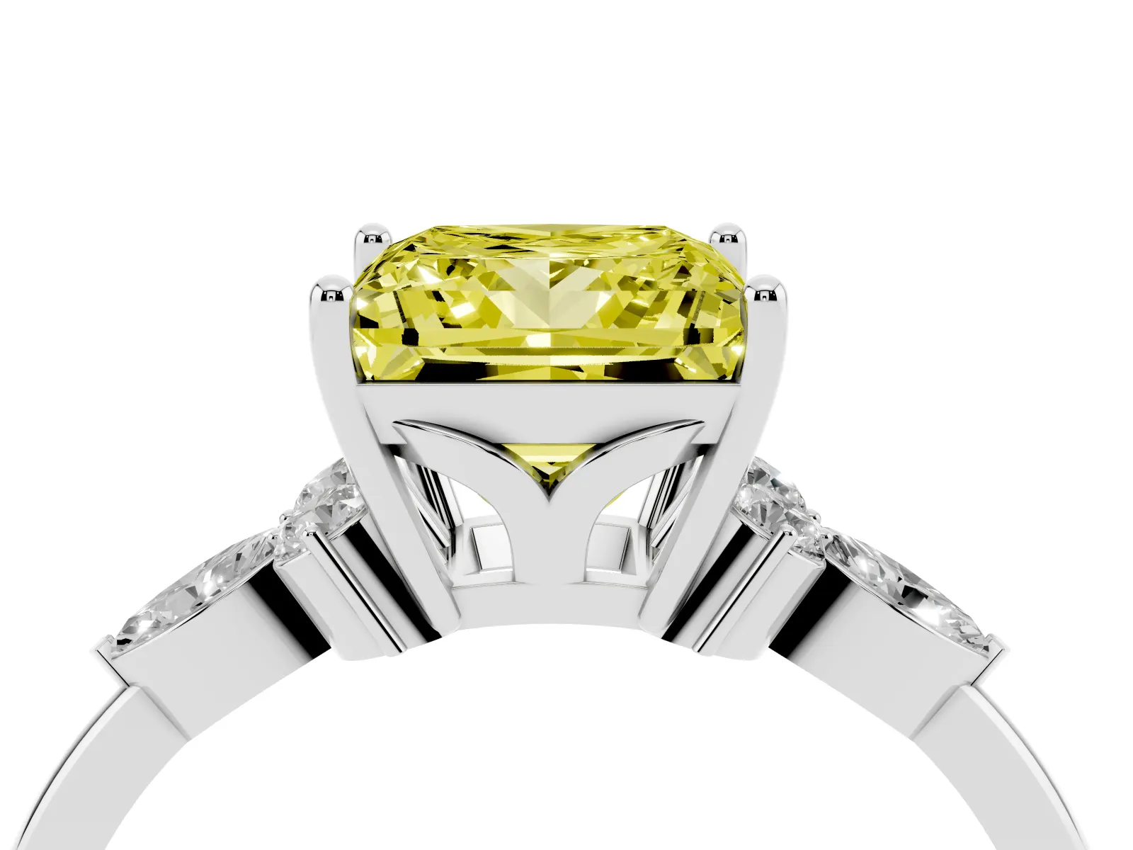 Fancy Yellow Princess Cut Brilliant Diamond Solitaire Ring with Pear Side Stones and Four-Prong Setting Platinum