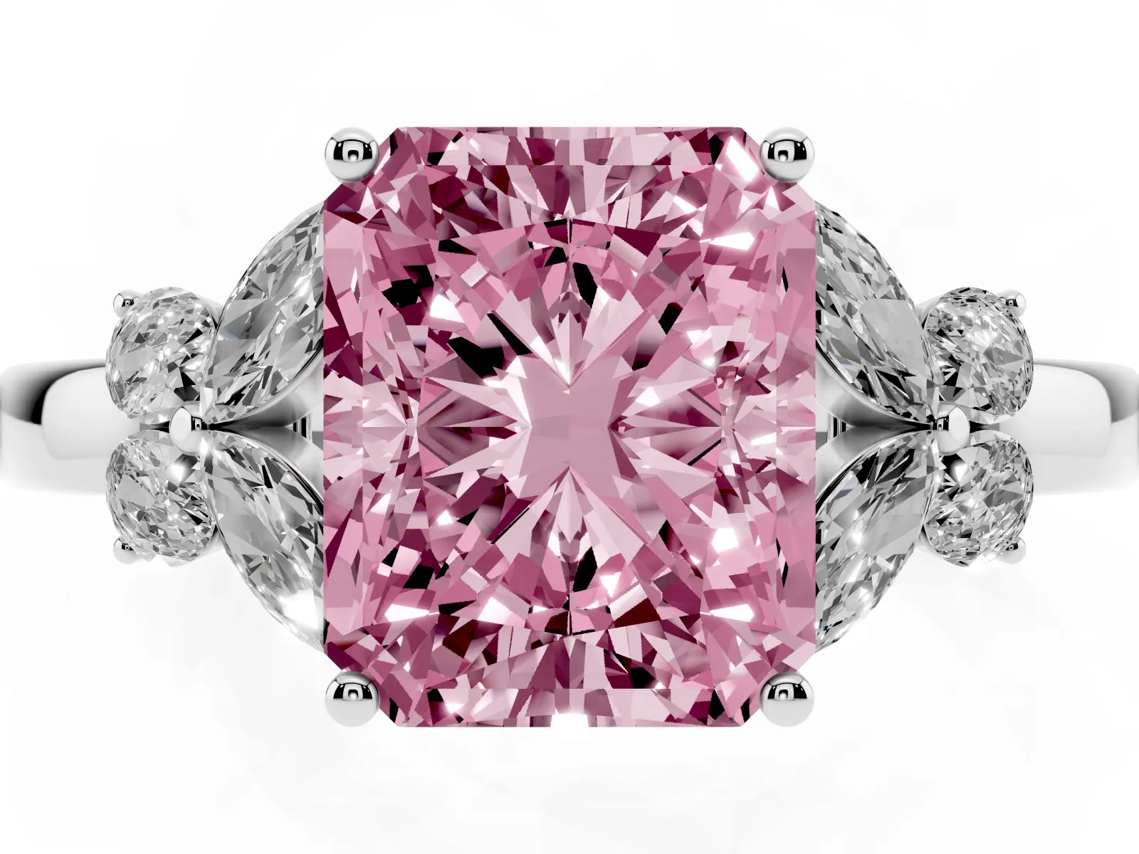 Fancy Pink Radiant Cut Cut Solitaire Floral Diamond Ring with Four-Prong Setting Platinum