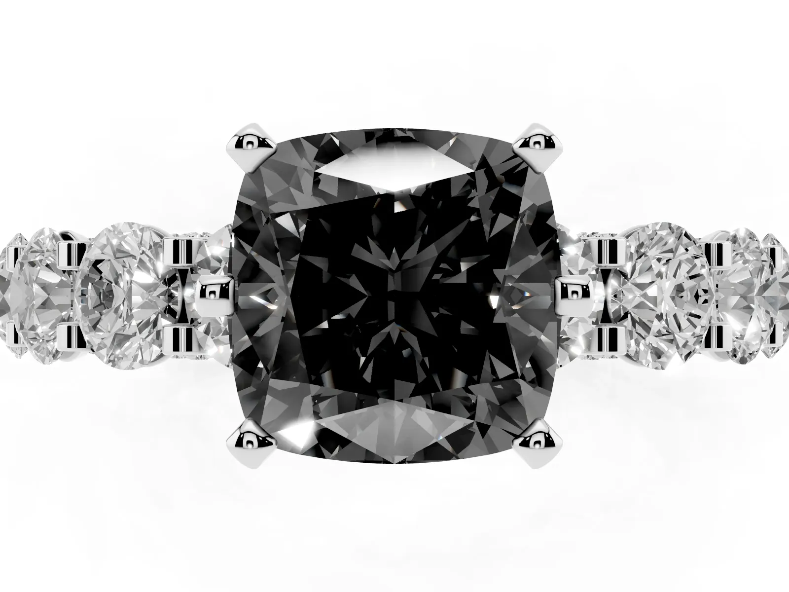 Fancy Black Cushion Cut Diamond Side Stone Engagement Ring with Four-Prong Setting Platinum