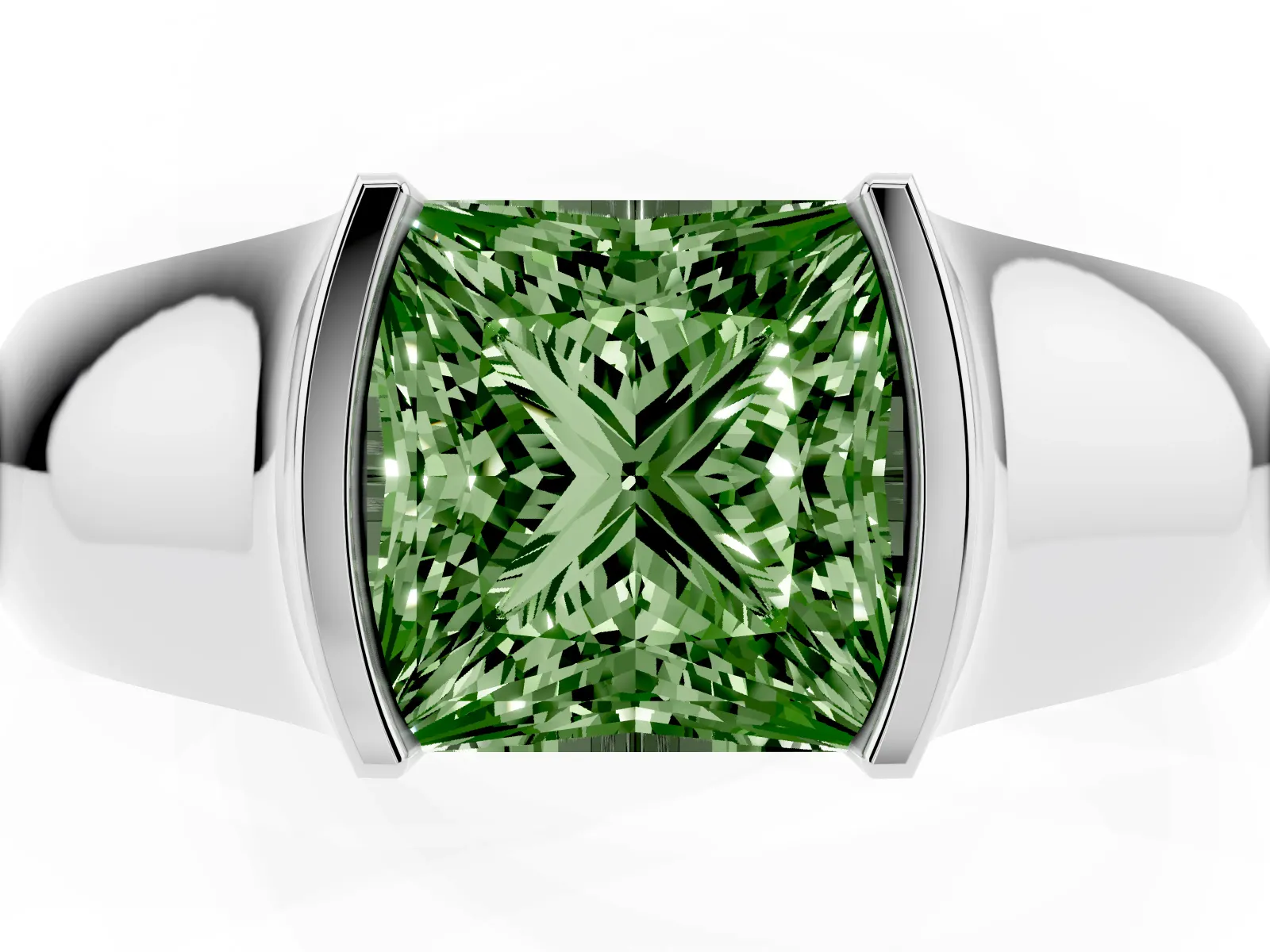 Fancy Green Princess Cut Solitaire Bezel Set Diamond Ring with Wide Band White gold