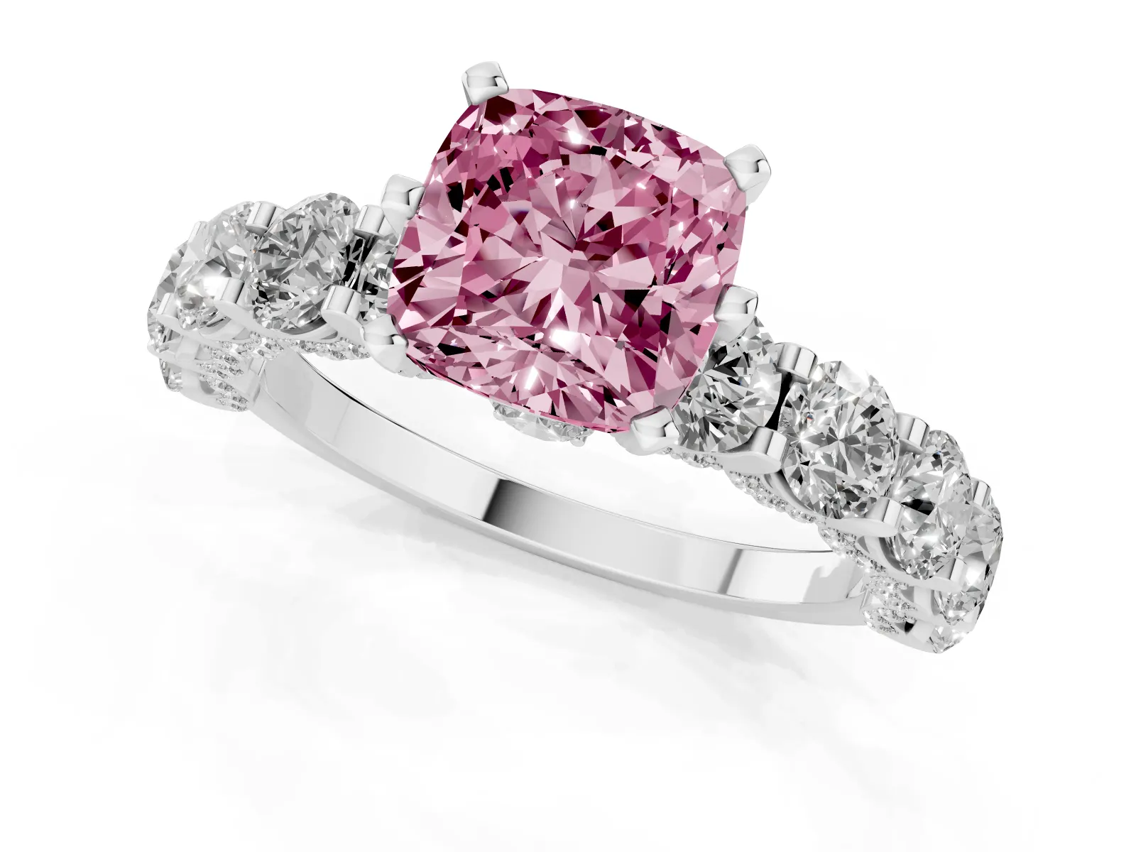 Fancy Pink Cushion Cut Diamond Side Stone Engagement Ring with Four-Prong Setting Platinum
