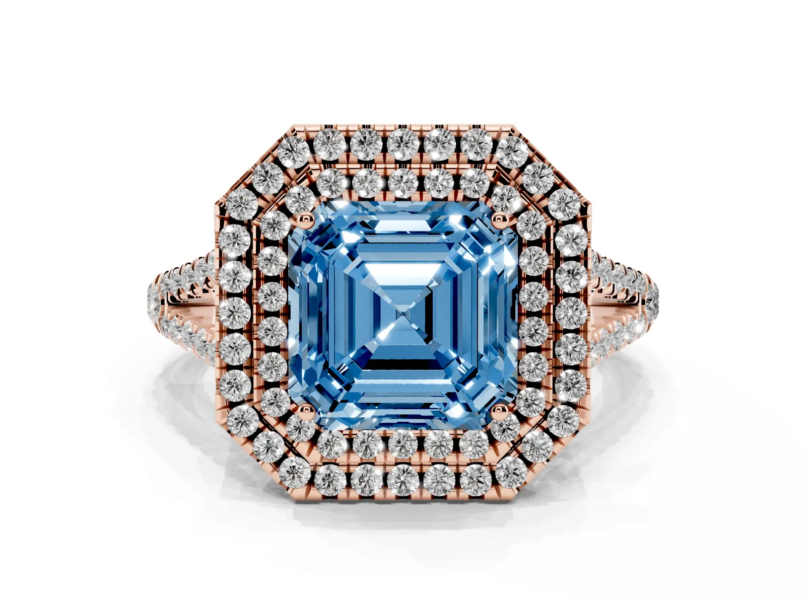 Fancy Blue Asscher Cut Diamond Double Halo Ring with Pavé Band and Prong Setting Rose gold