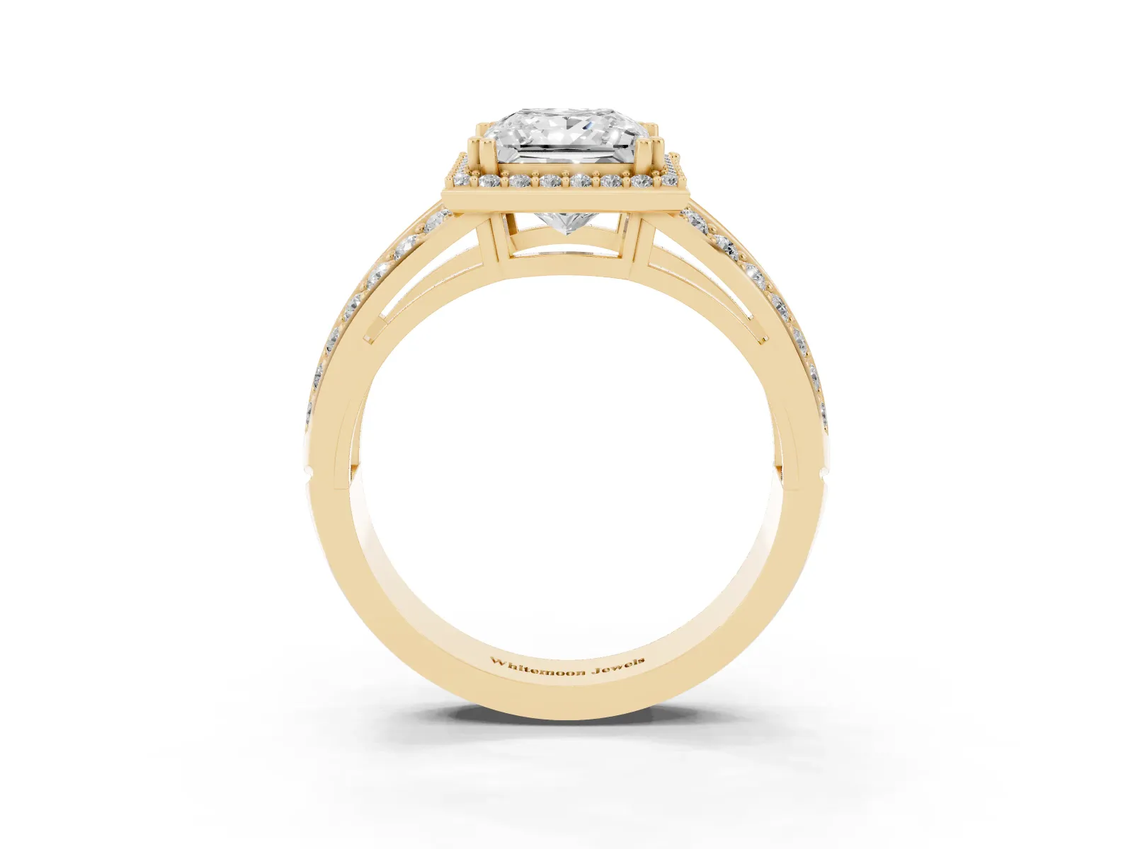 Princess Cut Diamond Halo Ring with Split Shank Pavé Band and Four-Prong Setting Yellow gold