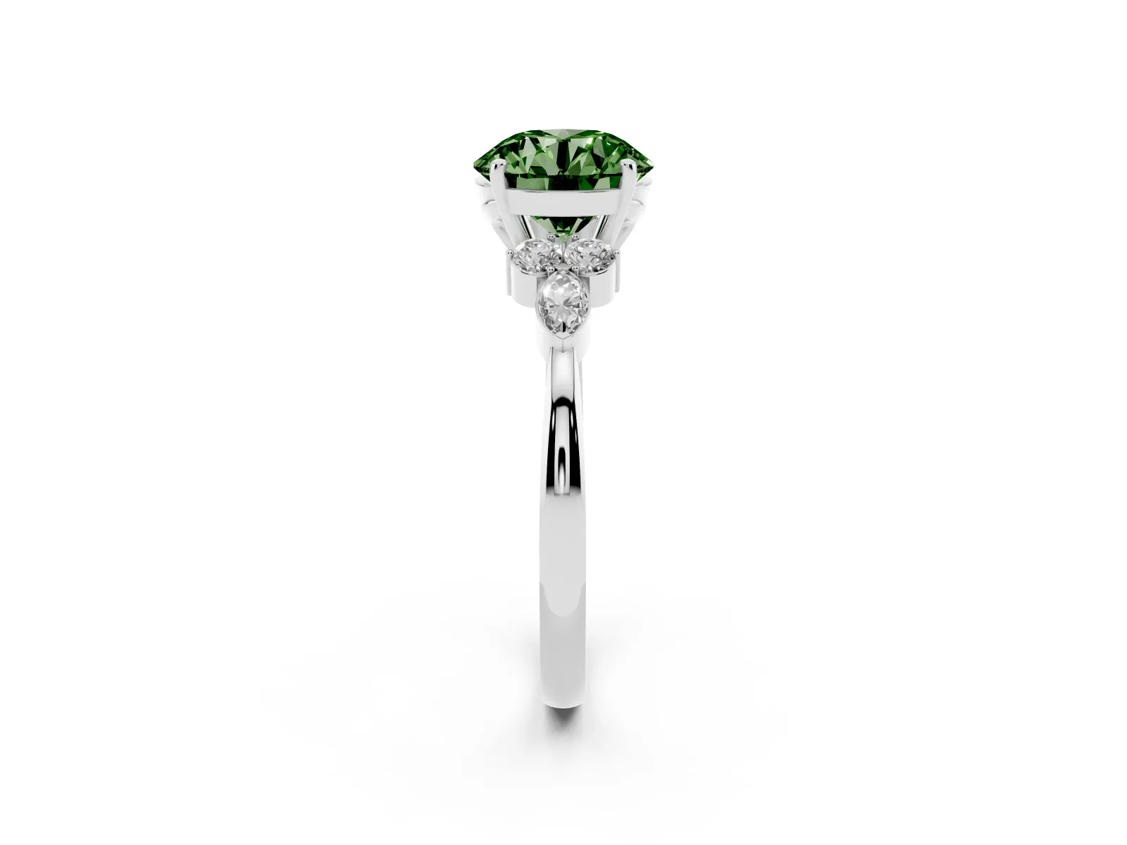 Fancy Green Round Cut Brilliant Diamond Solitaire Ring with Pear Side Stones and Four-Prong Setting Platinum
