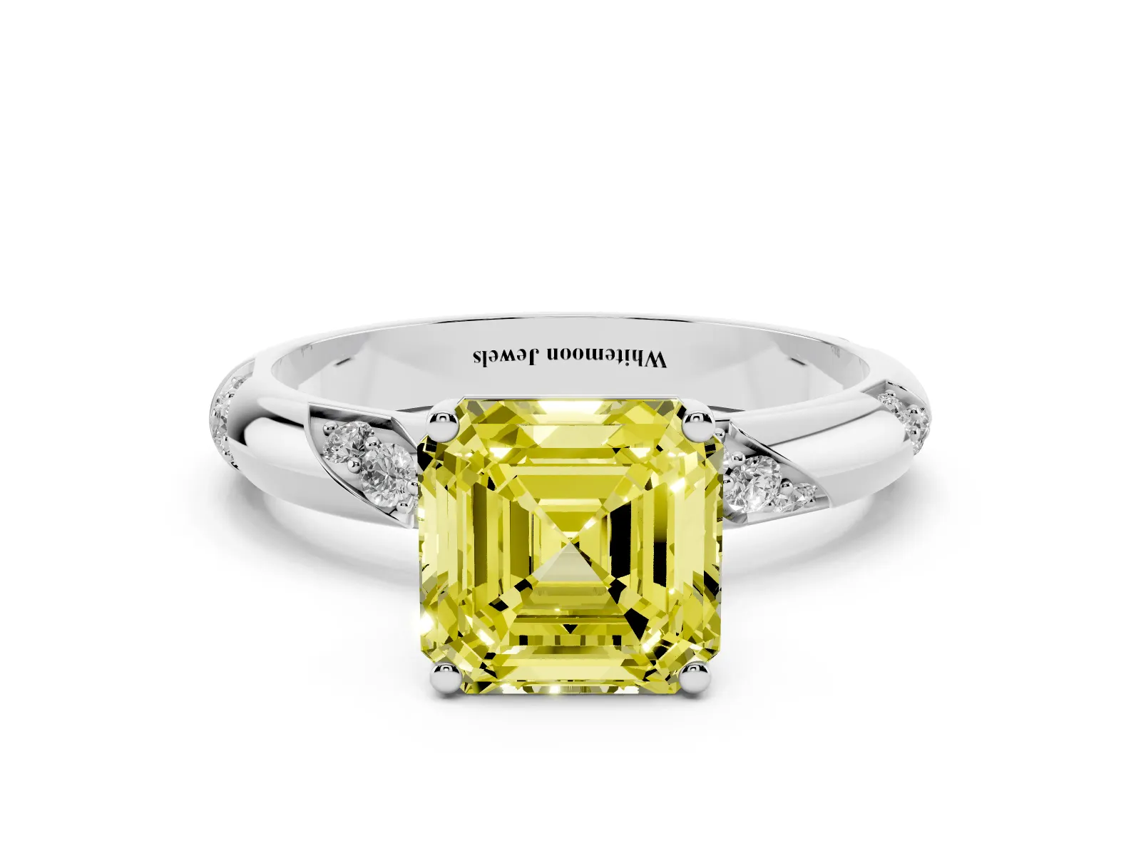 Fancy Yellow Asscher Cut Diamond Solitaire Engagement Ring with Twisted Round Accent Band and Prong Setting Platinum
