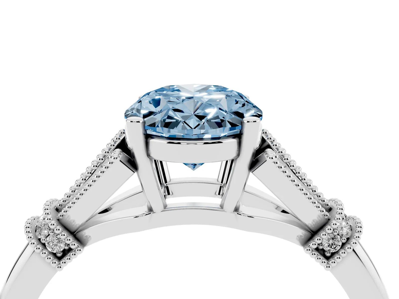 Fancy Blue Oval Cut Diamond Solitaire Ring with Floral Filigree and Pave Accents White gold