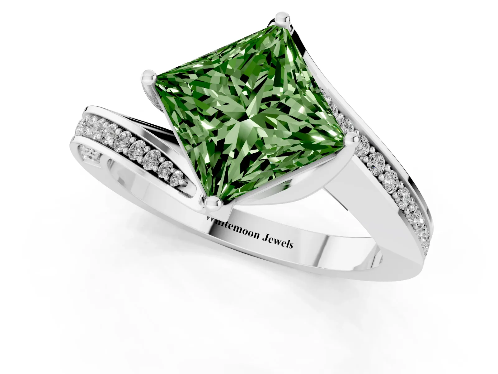 Fancy Green Princess Cut Solitaire Diamond Twist Band with Pavé Setting and Four-Prong Setting Platinum