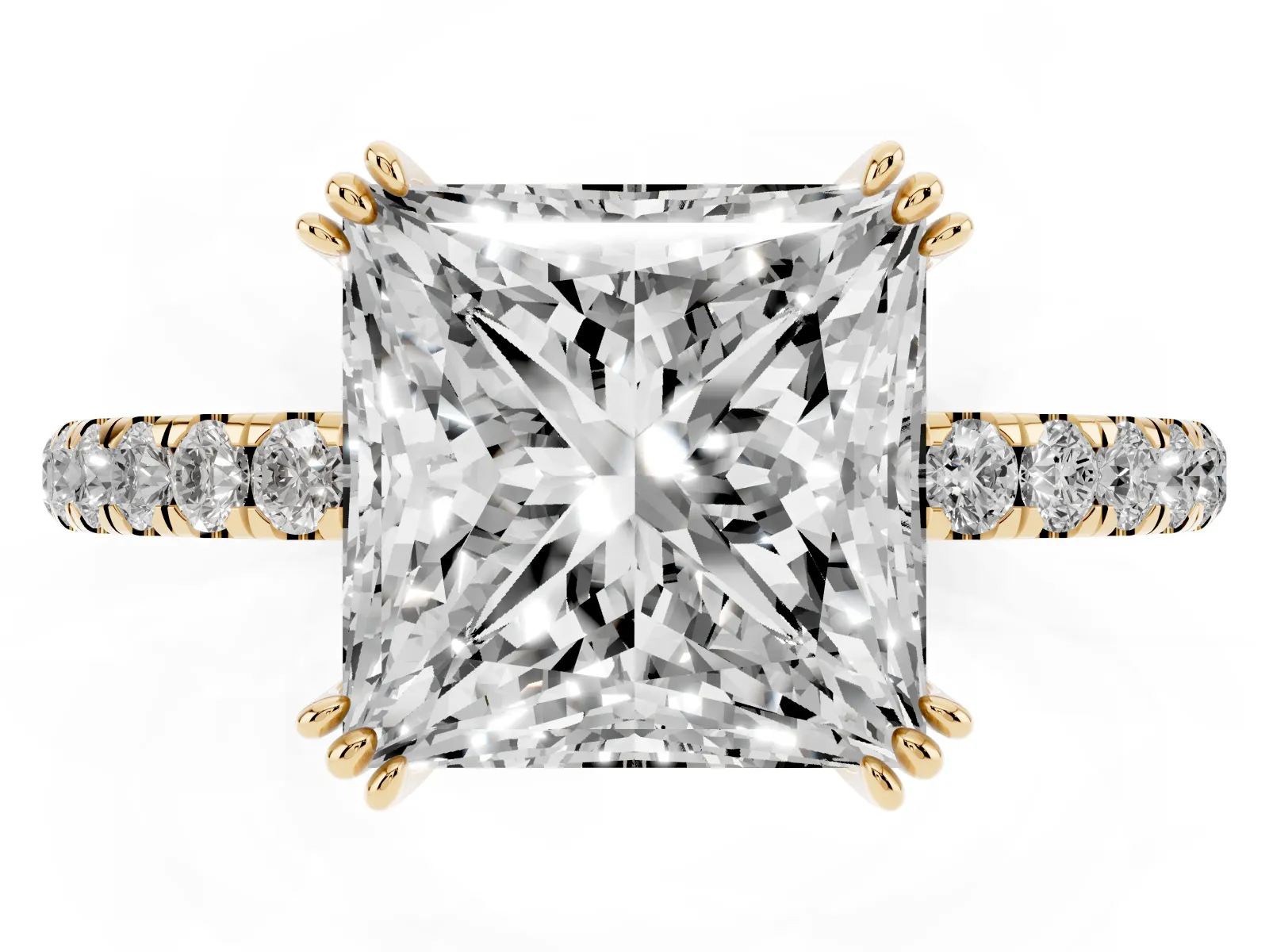Princess Cut Brilliant Solitaire with Pavé Band and Claw Prong Setting Yellow gold