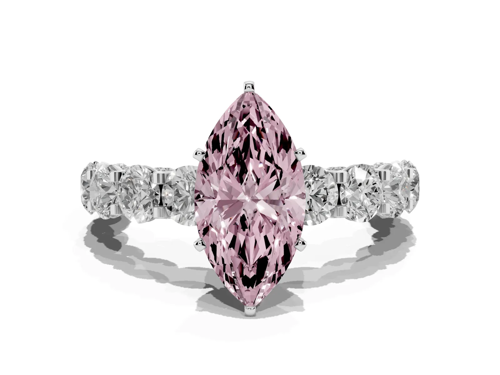 Fancy Pink Marquise Cut Diamond Side Stone Engagement Ring with Four-Prong Setting Platinum