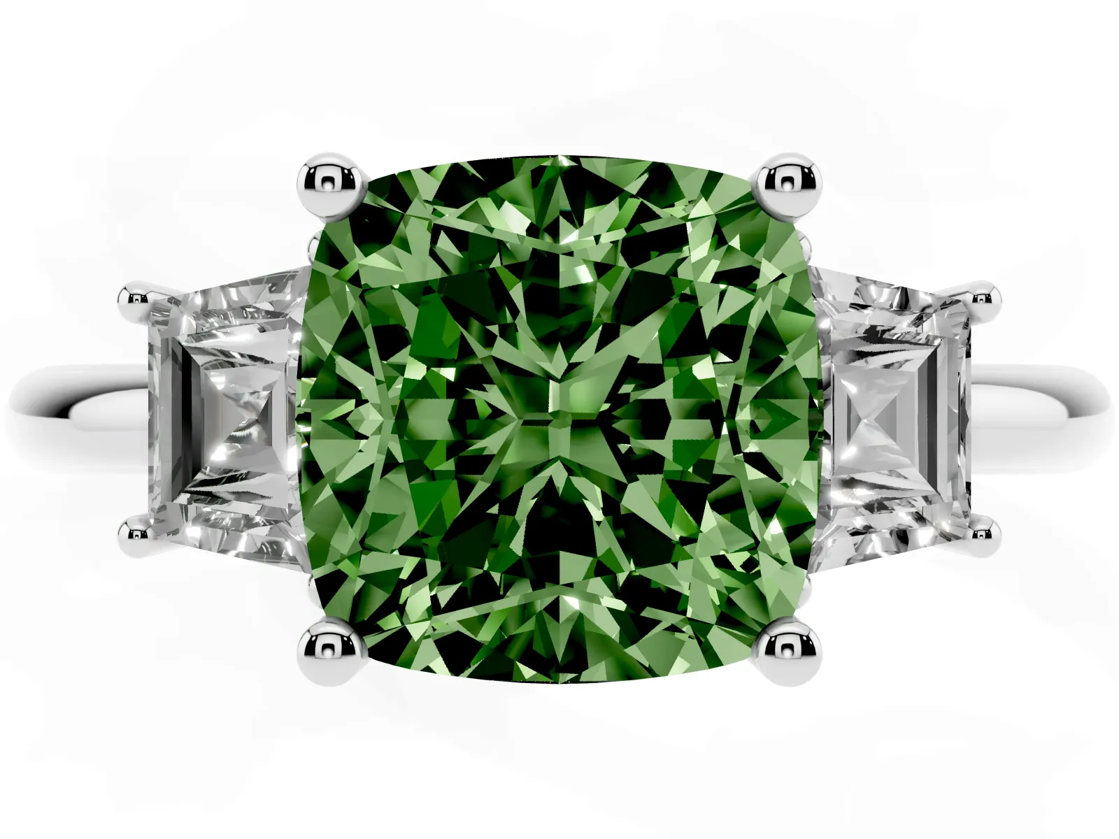 Fancy Green Cushion Cut Diamond Three-Stone Ring with Trapezoid Side Stones and Prong Setting Platinum