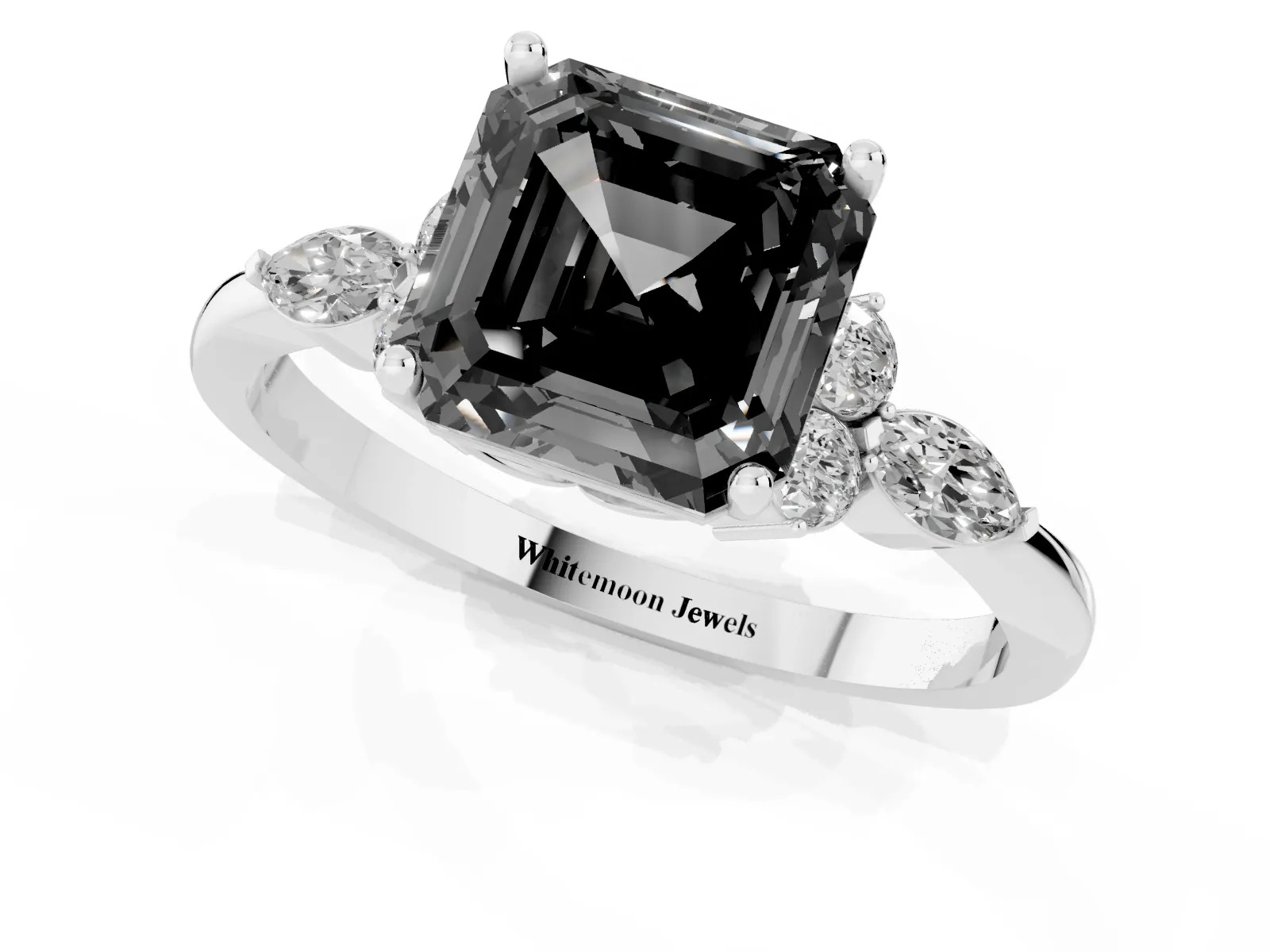 Fancy Black Asscher Cut Brilliant Diamond Solitaire Ring with Pear Side Stones and Four-Prong Setting Platinum