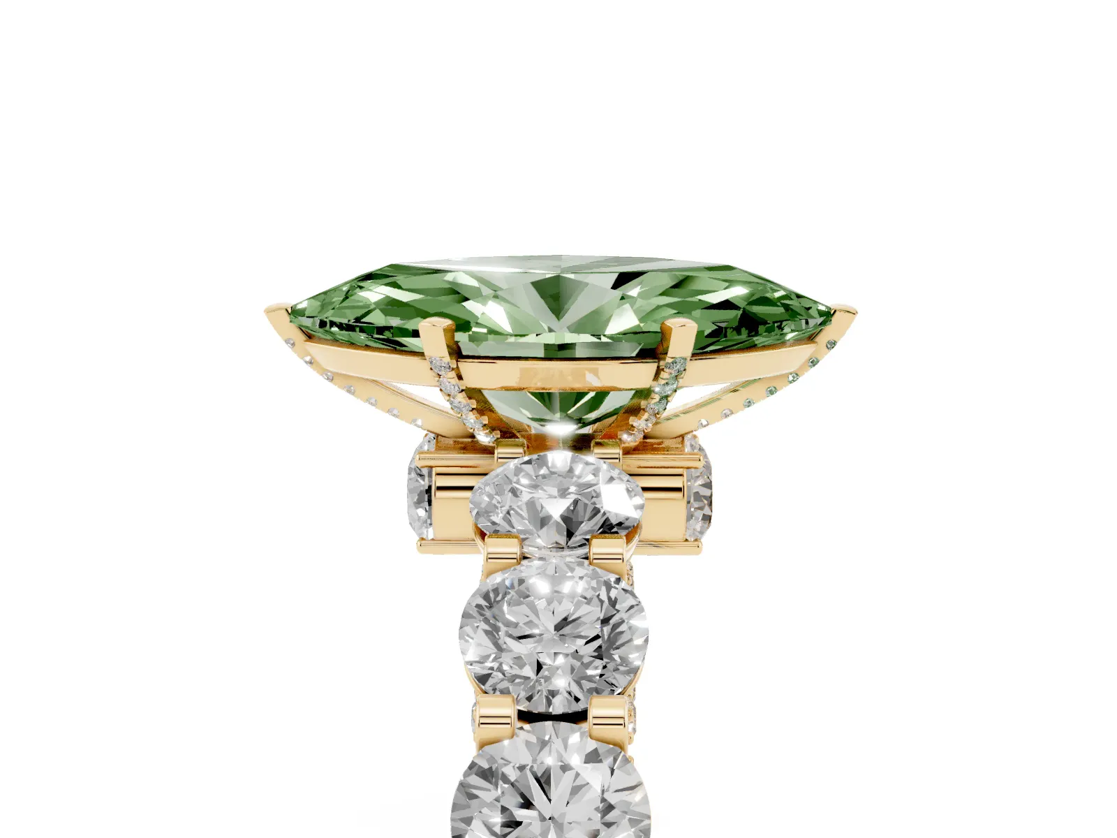 Fancy Green Marquise Cut Diamond Side Stone Engagement Ring with Four-Prong Setting Yellow gold