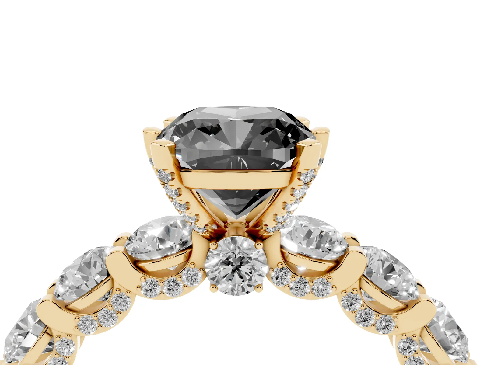 Fancy Black Cushion Cut Diamond Side Stone Engagement Ring with Four-Prong Setting Yellow gold