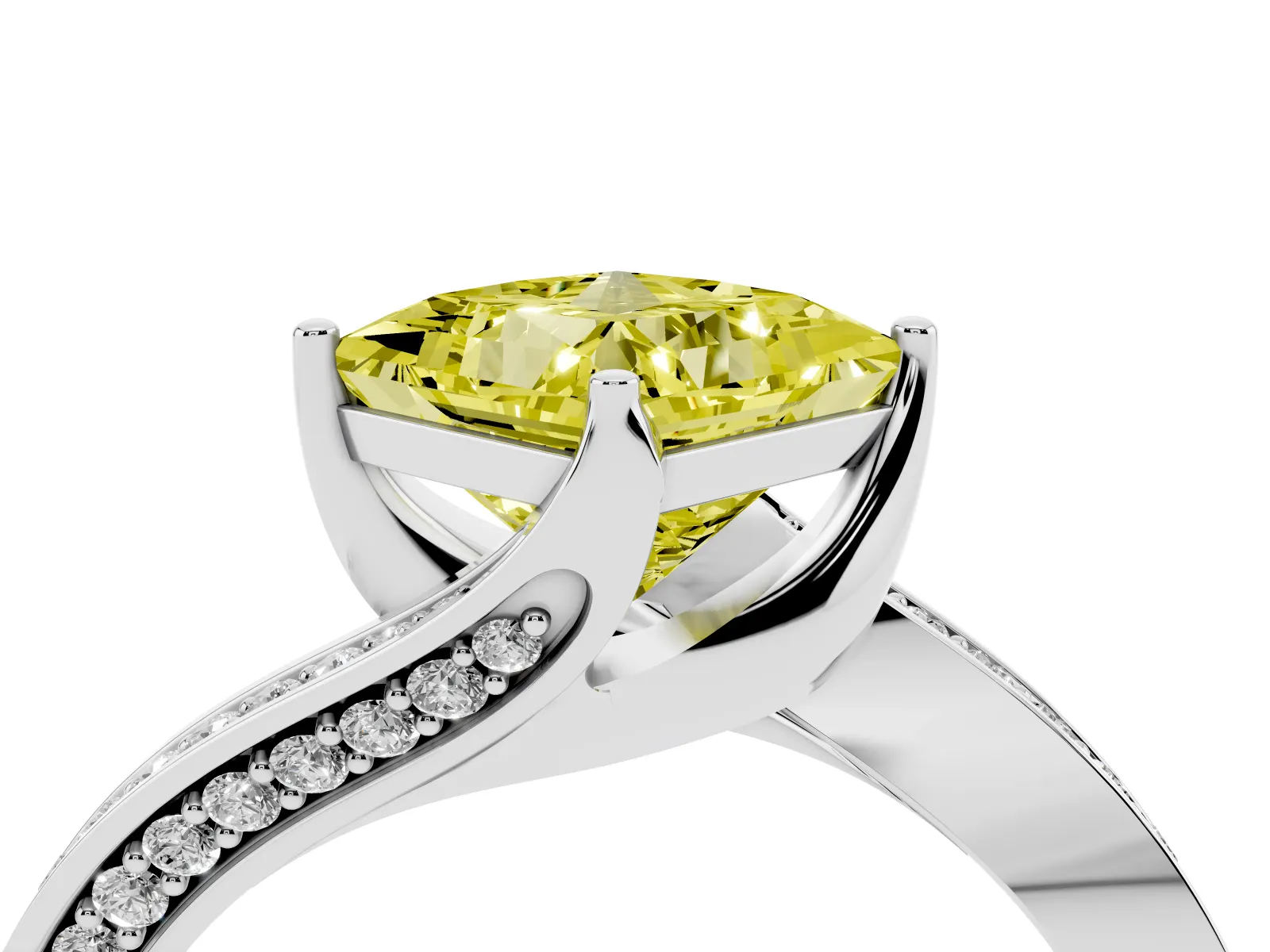 Fancy Yellow Princess Cut Solitaire Diamond Twist Band with Pavé Setting and Four-Prong Setting Platinum