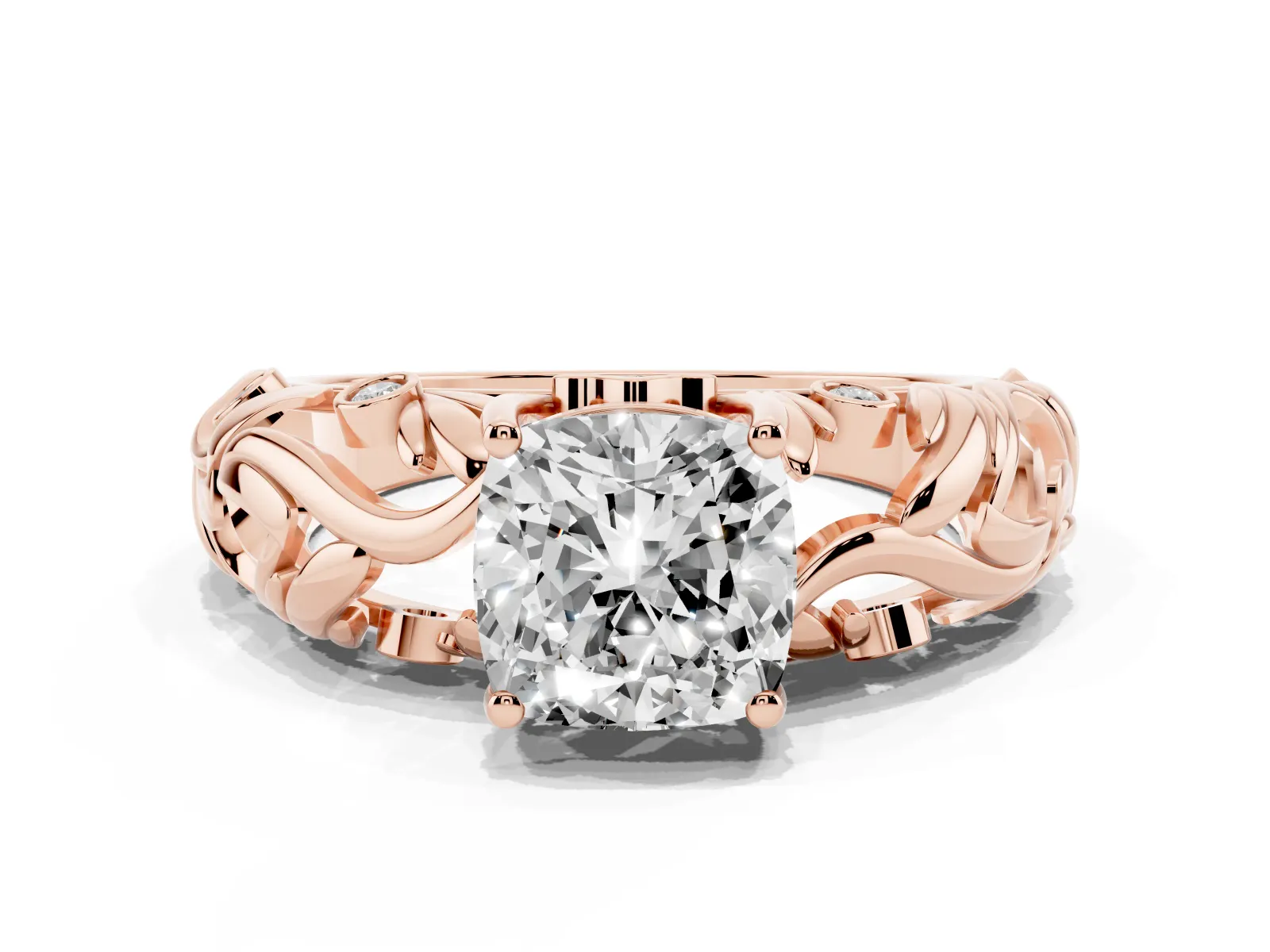 Cushion Cut Solitaire Diamond Leaf-Inspired Vine Band Ring with Prong Setting Rose gold