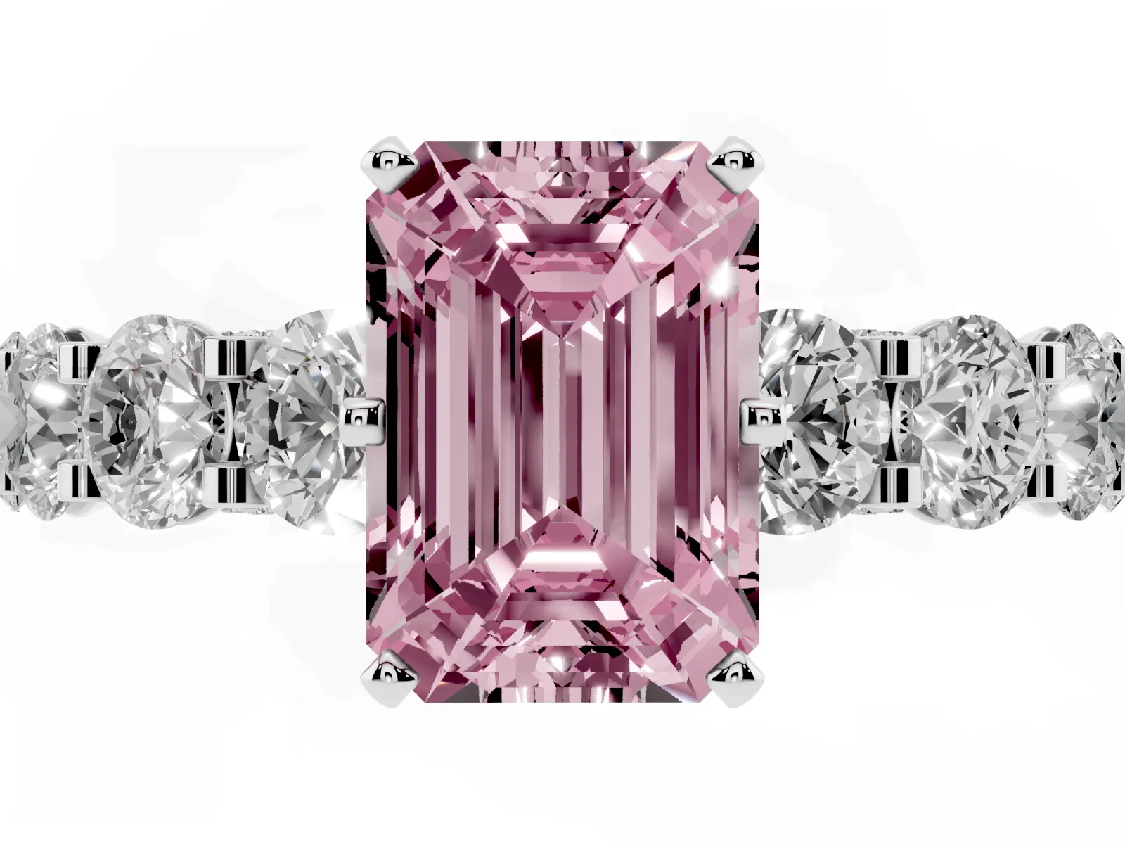 Fancy Pink Emerald Cut Diamond Side Stone Engagement Ring with Four-Prong Setting Platinum