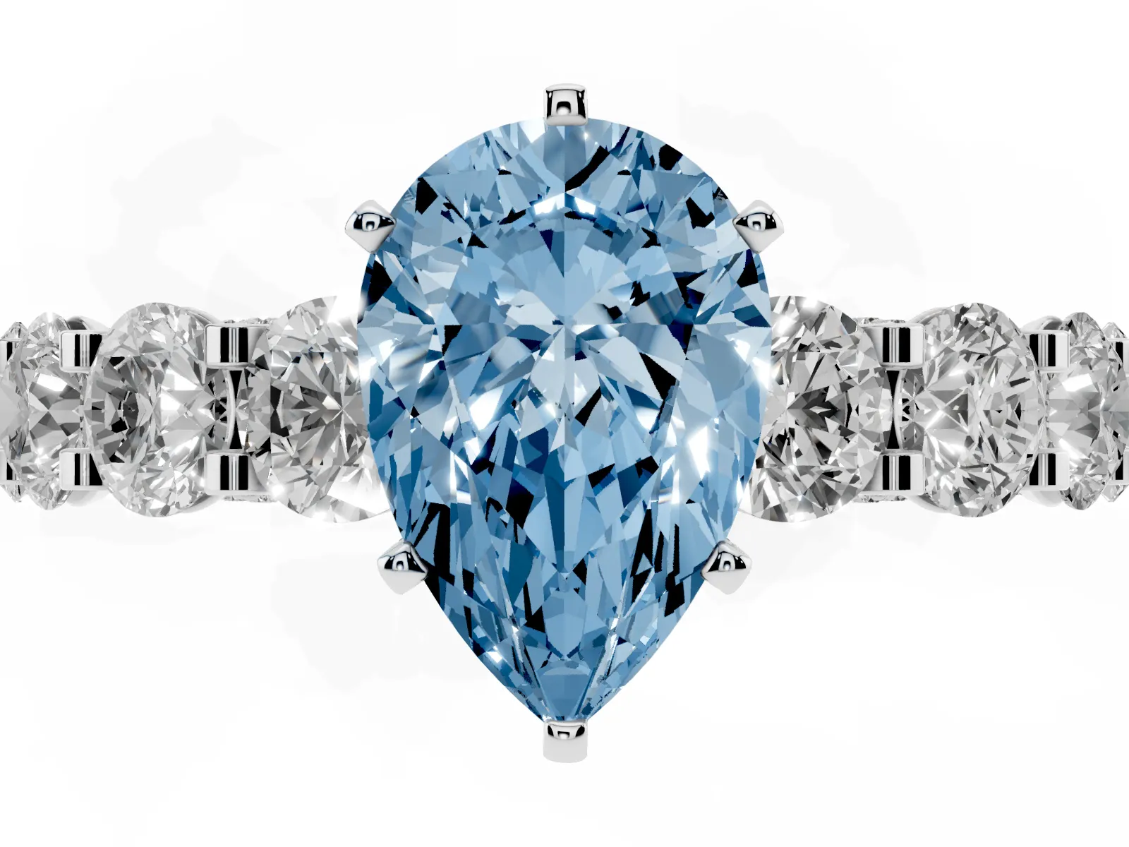 Fancy Blue Pear Cut Diamond Side Stone Engagement Ring with Four-Prong Setting White gold