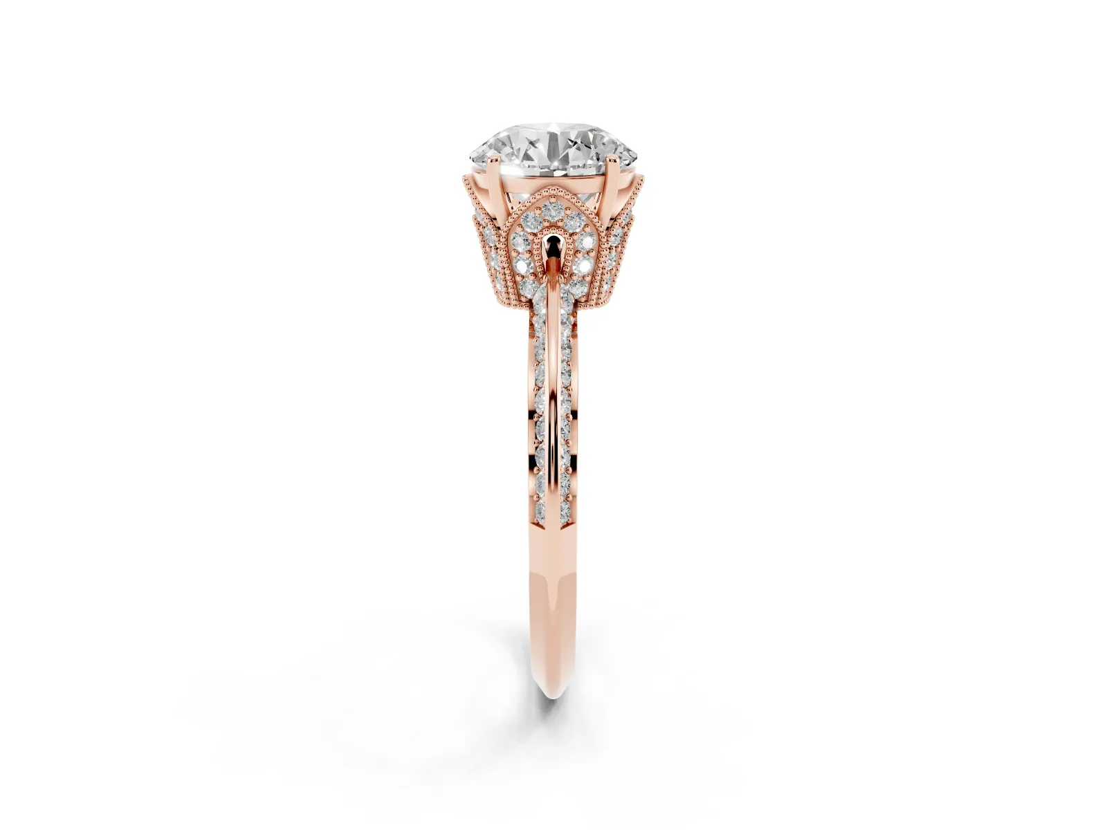 Round Cut Solitaire Split Shank Pave Diamond Engagement Ring with Four-Prong Setting Rose gold