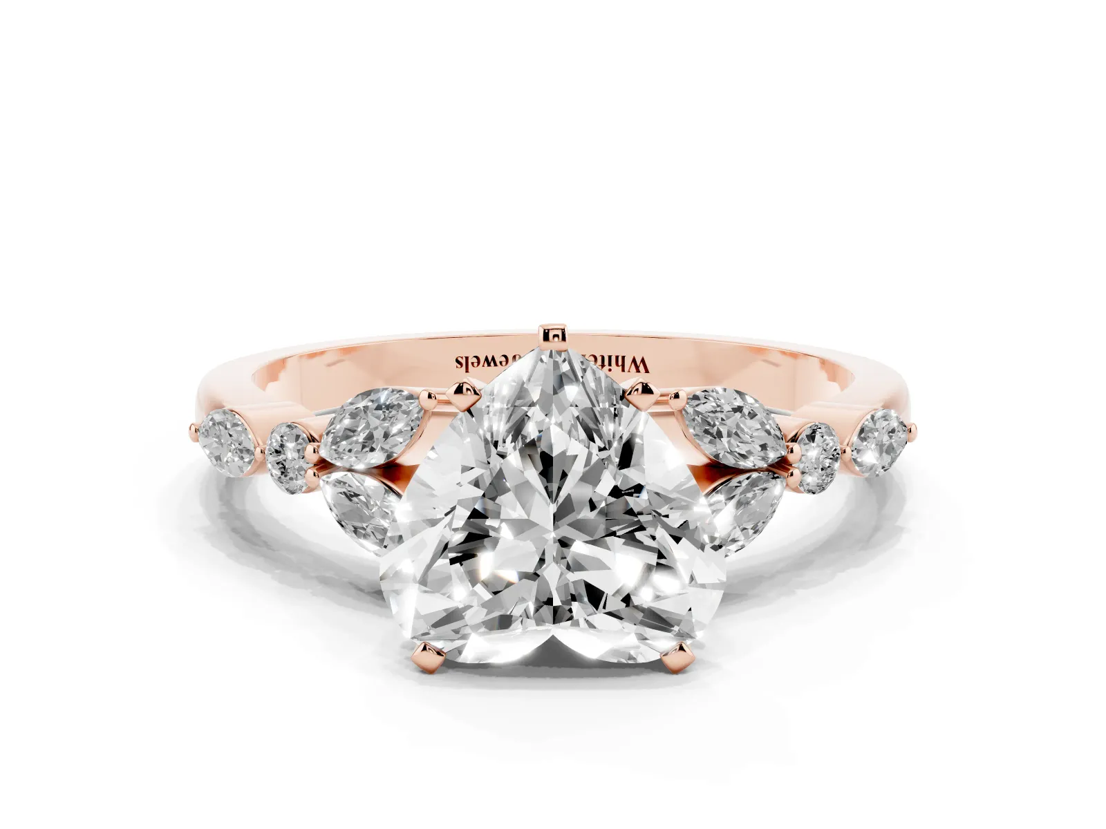 Heart Cut Diamond Solitaire Ring with Side Stones and Four-Prong Setting Rose gold