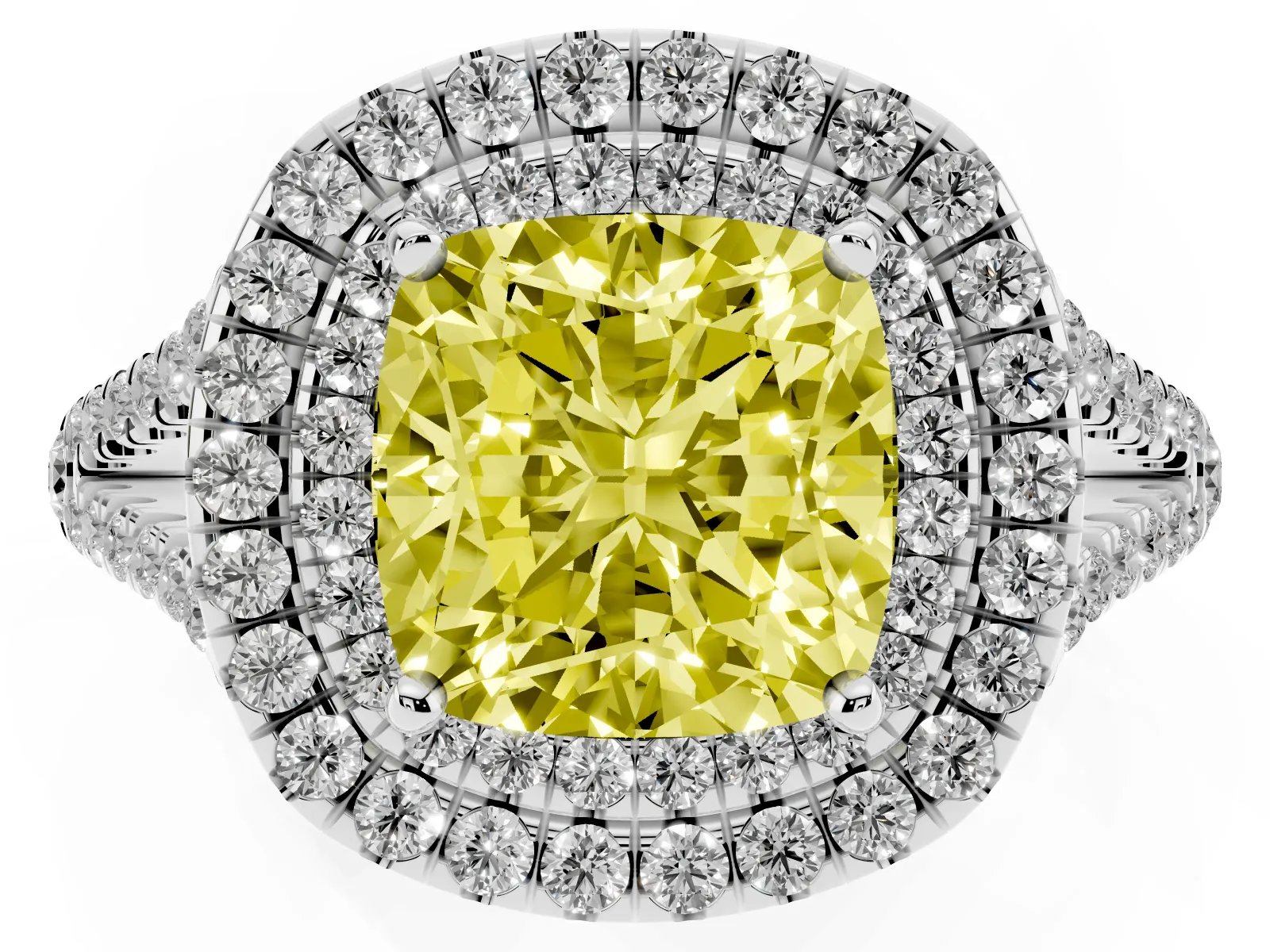 Fancy Yellow Cushion Cut Diamond Double Halo Ring with Pavé Band and Prong Setting Platinum