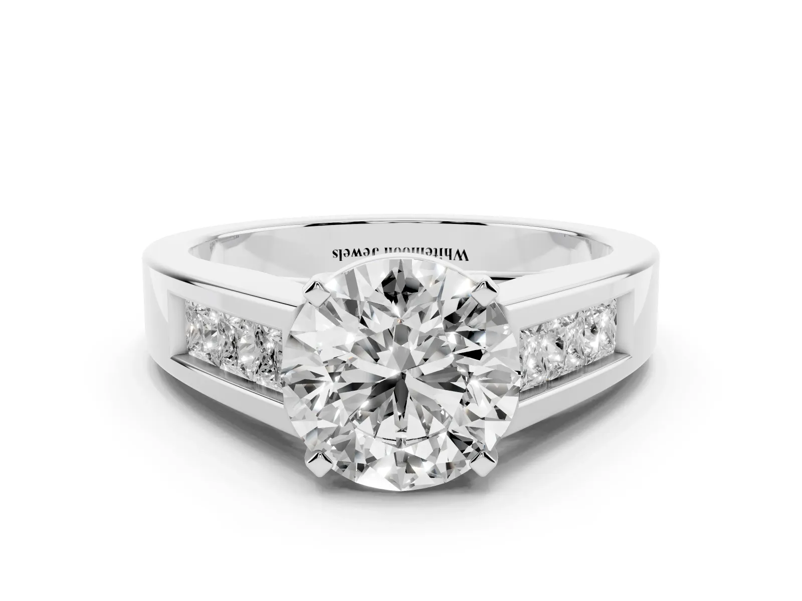 Round Cut Cut Channel Set Solitaire Ring with Four-Prong Setting Platinum