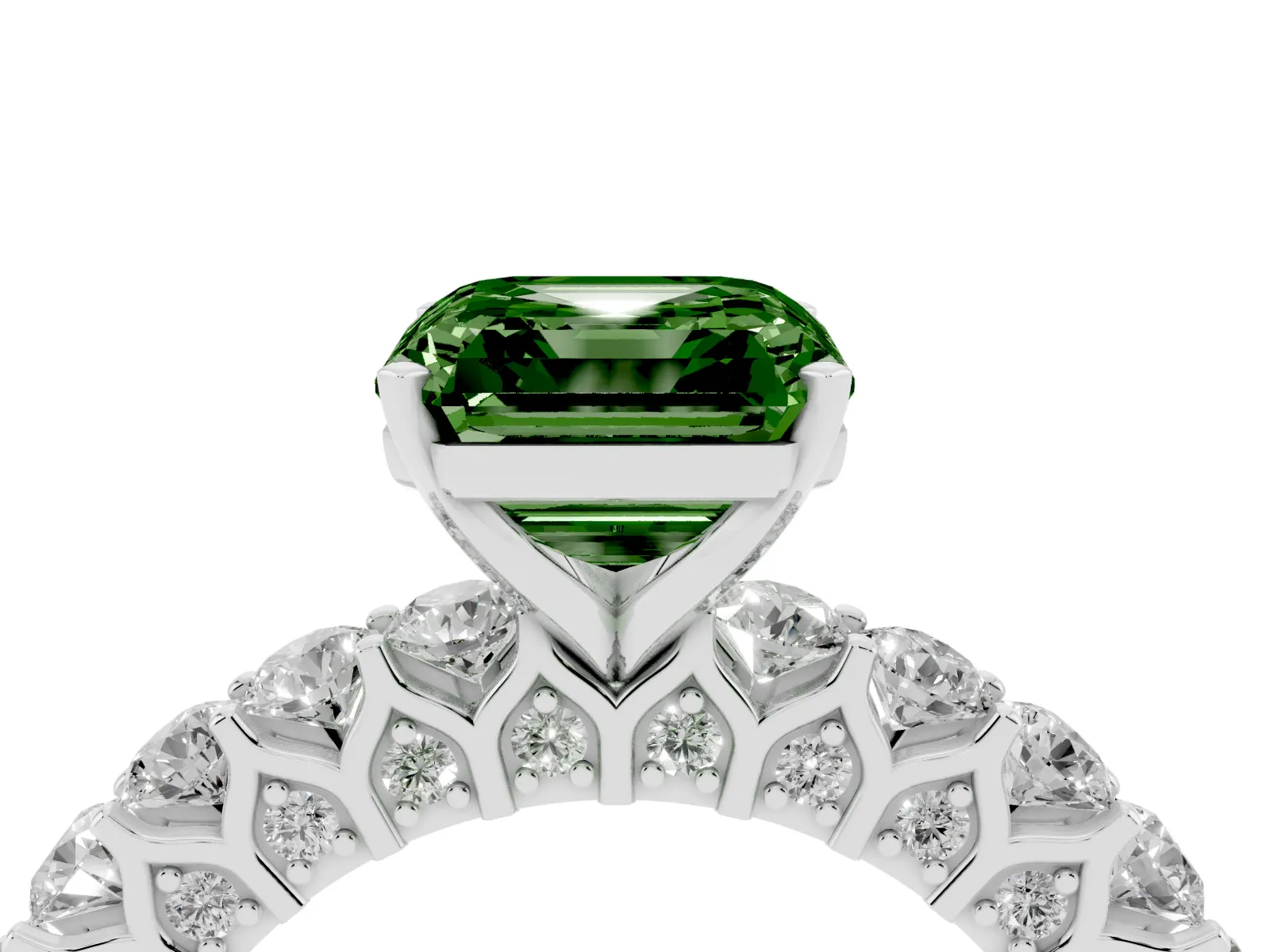 Fancy Green Asscher Cut Diamond Solitaire Ring with Shared Prong Pavé Band and Four-Prong Setting White gold