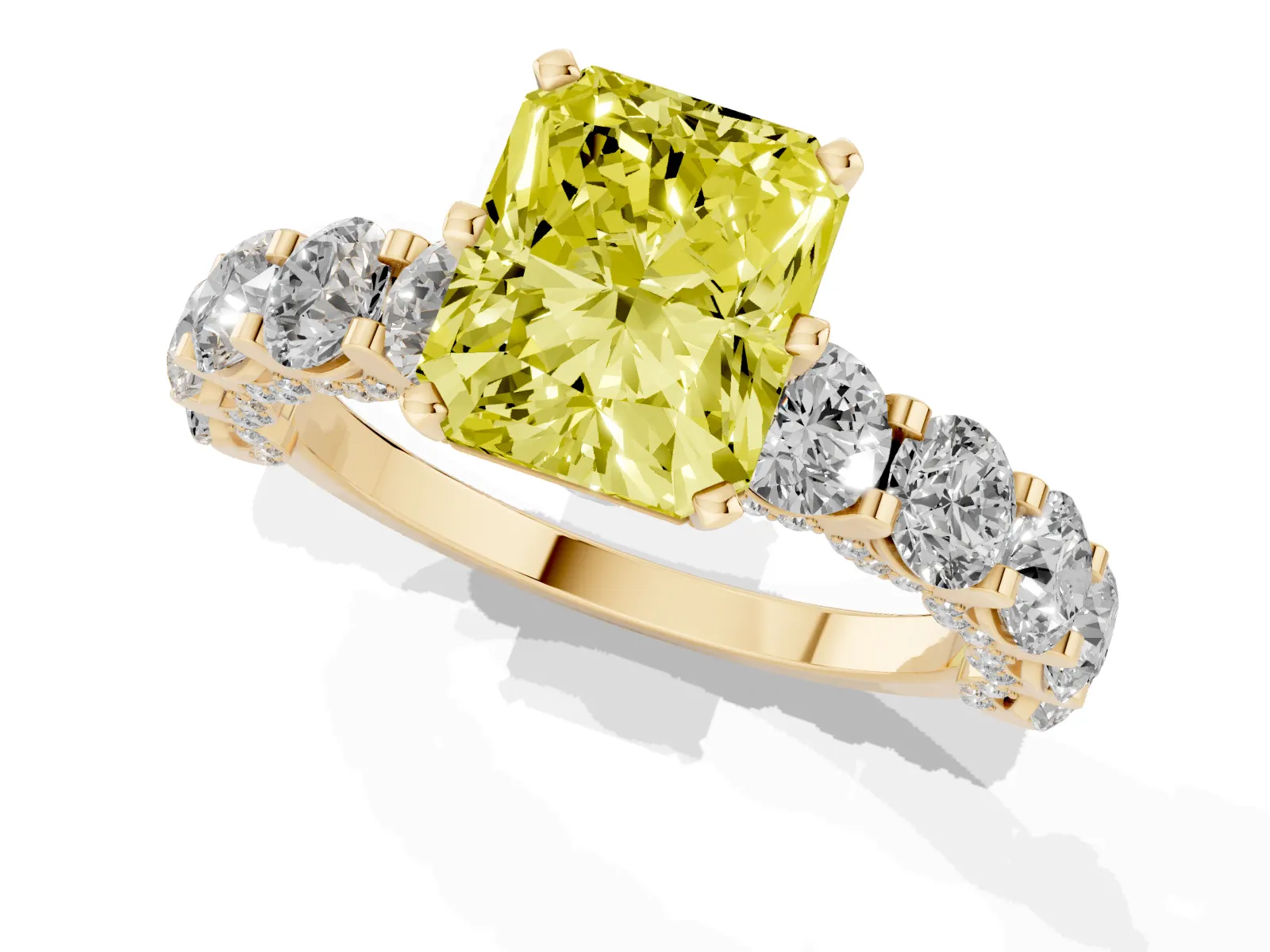 Fancy Yellow Radiant Cut Diamond Side Stone Engagement Ring with Four-Prong Setting Yellow gold