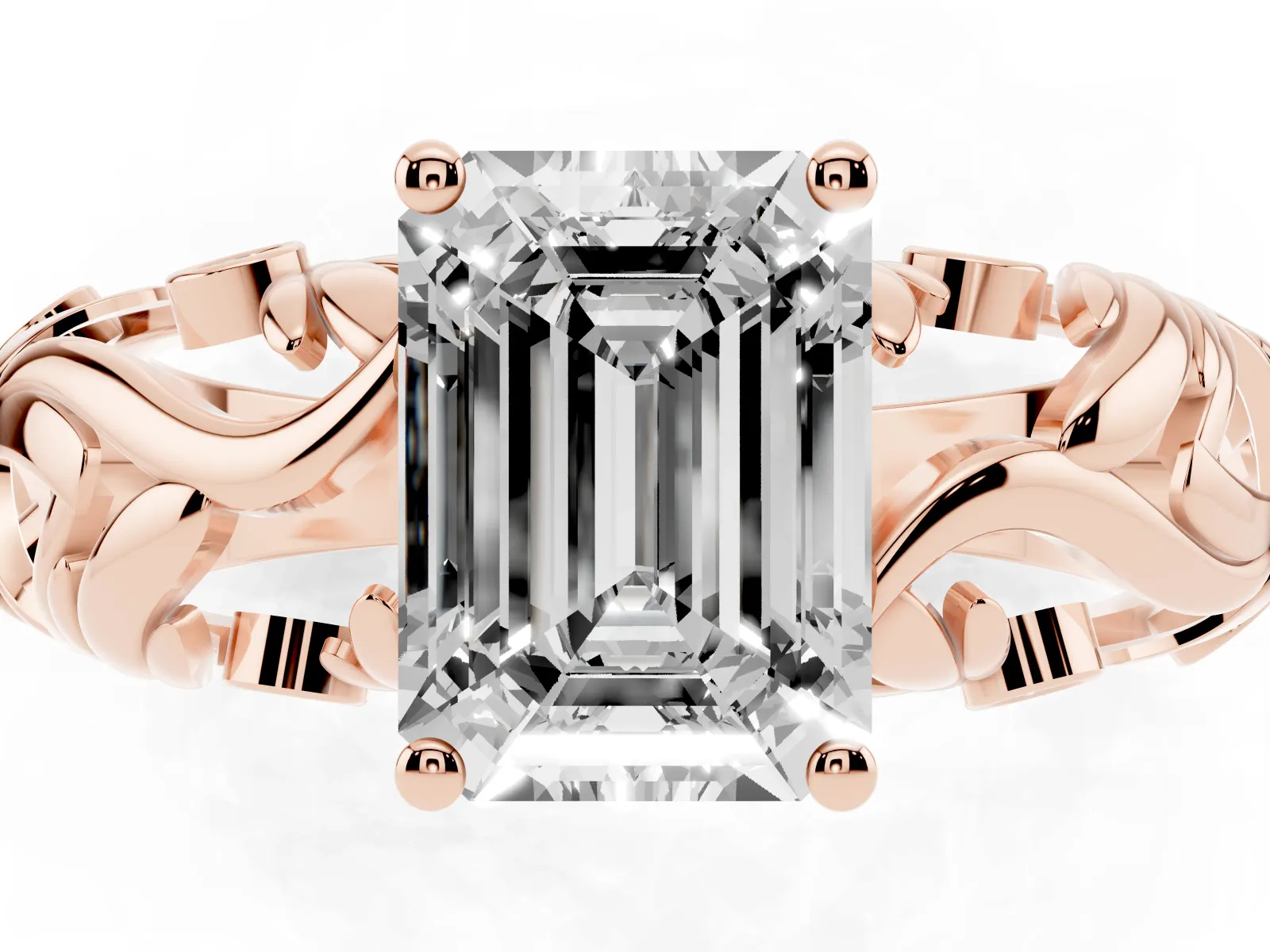 Emerald Cut Solitaire Diamond Leaf-Inspired Vine Band Ring with Prong Setting Rose gold