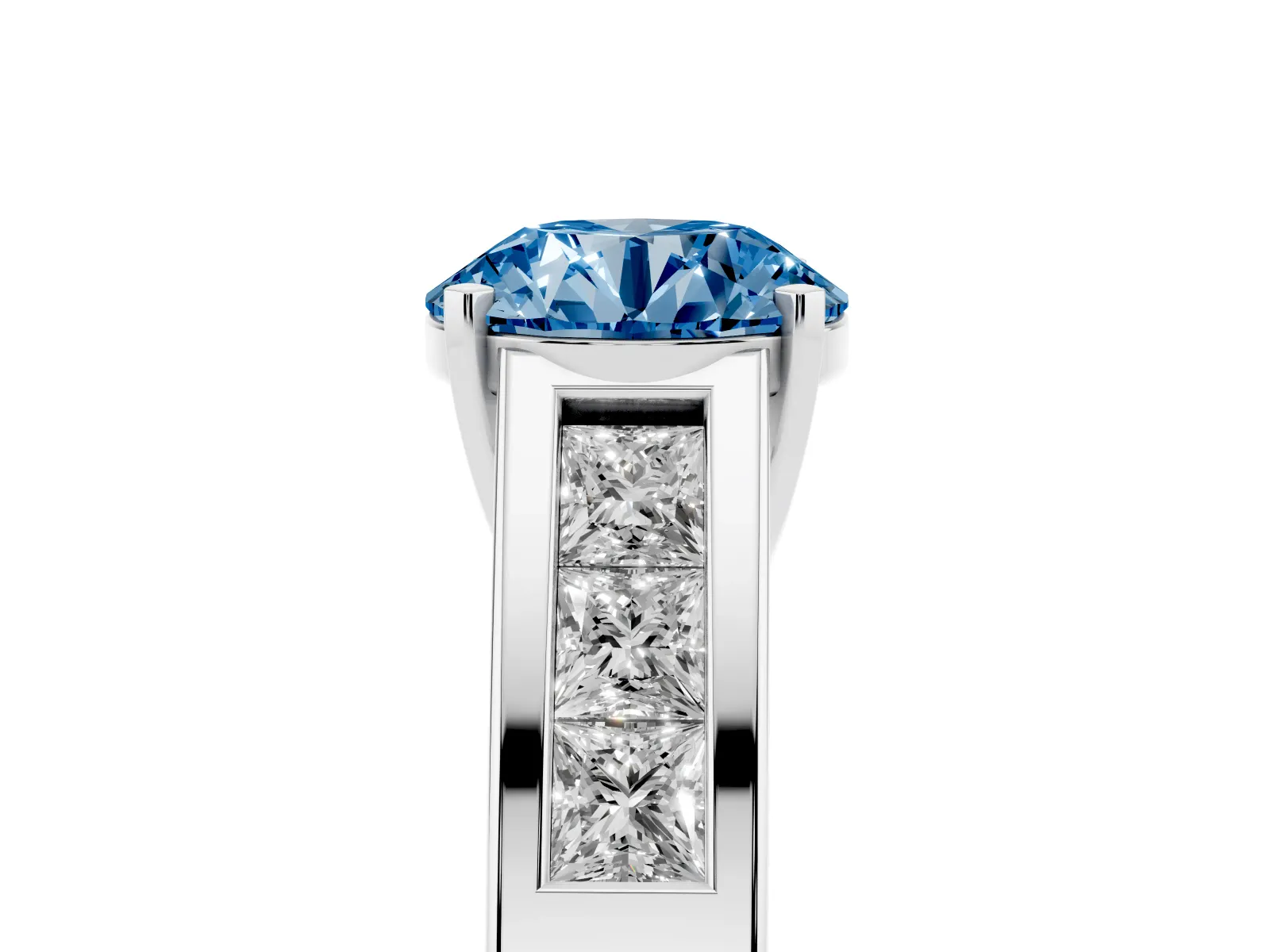 Fancy Blue Round Cut Cut Channel Set Solitaire Ring with Four-Prong Setting Platinum