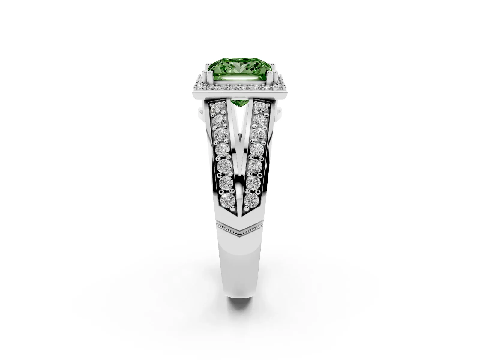 Fancy Green Princess Cut Diamond Halo Ring with Split Shank Pavé Band and Four-Prong Setting Platinum