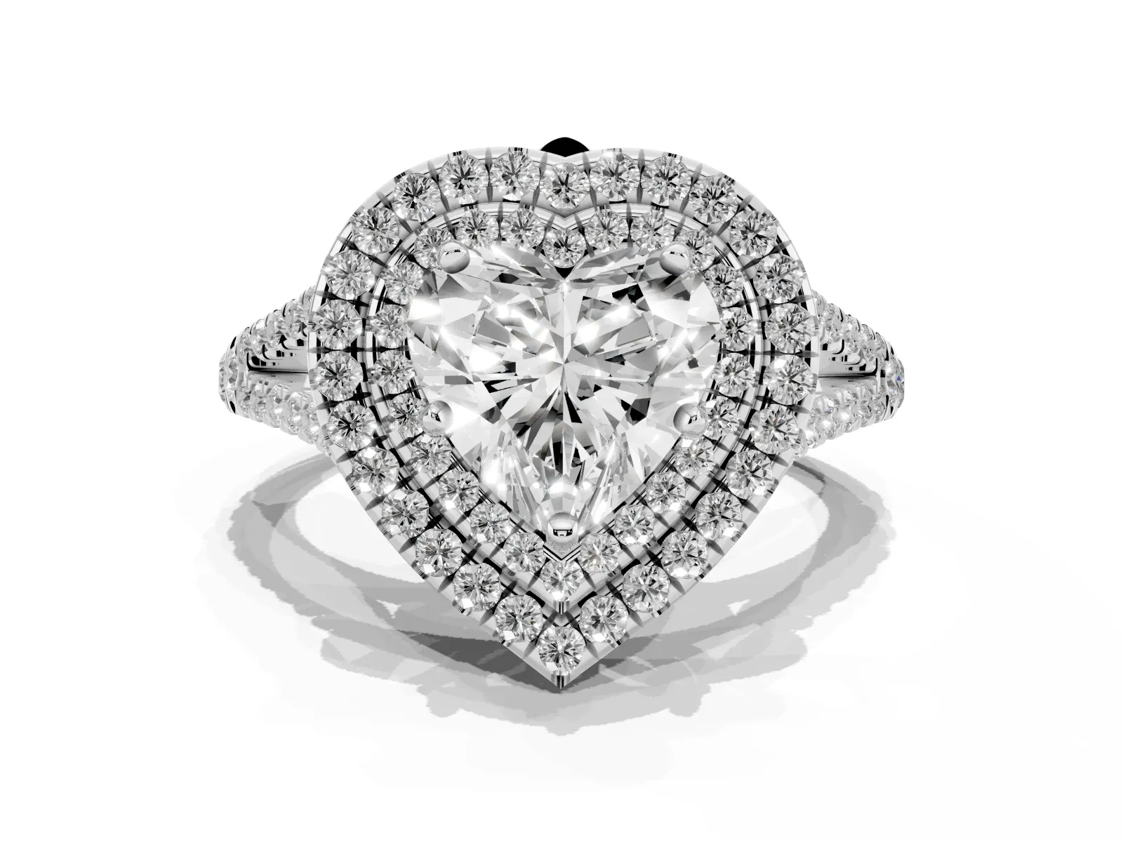 Heart Cut Diamond Double Halo Ring with Pavé Band and Prong Setting Platinum