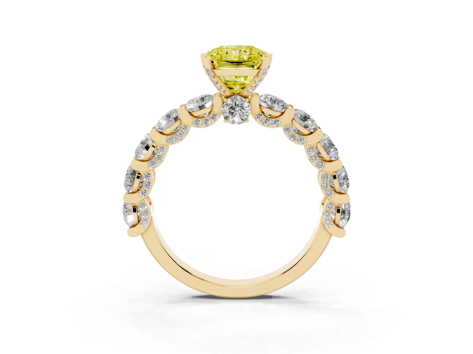 Fancy Yellow Radiant Cut Diamond Side Stone Engagement Ring with Four-Prong Setting Yellow gold