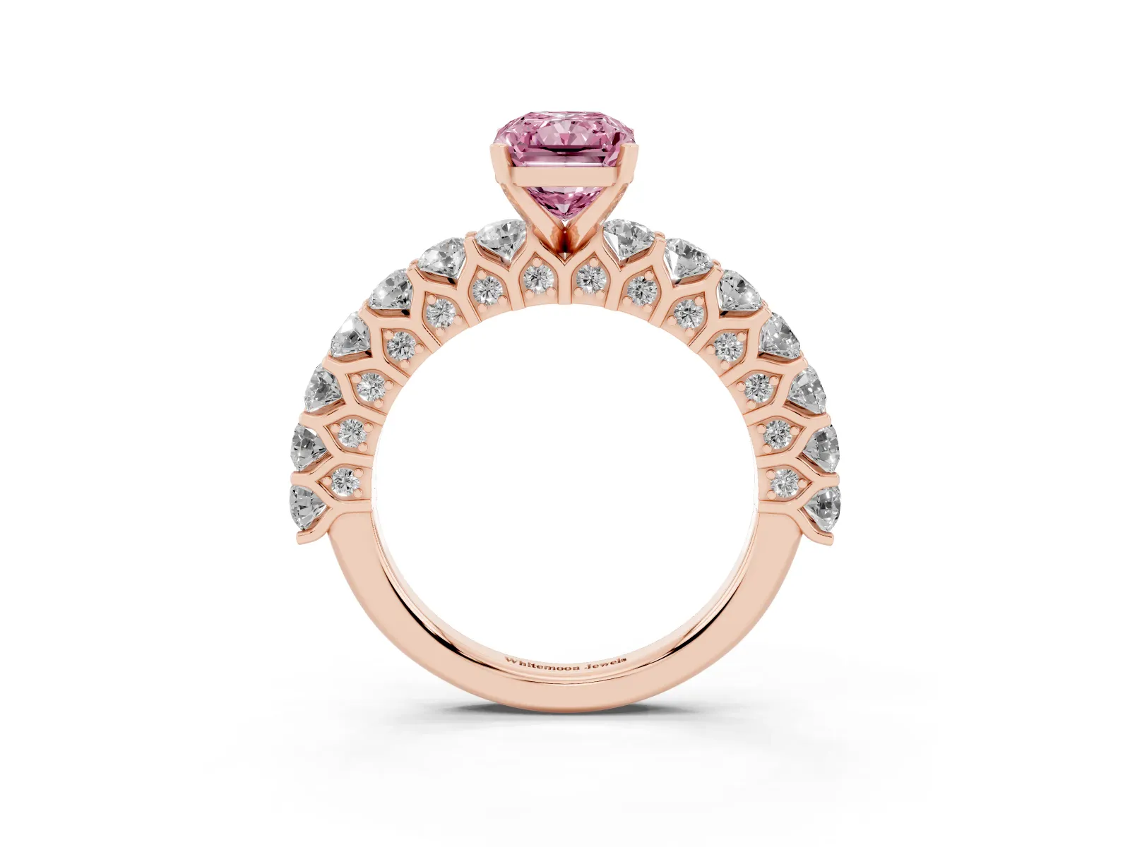 Fancy Pink Radiant Cut Diamond Solitaire Ring with Shared Prong Pavé Band and Four-Prong Setting Rose gold