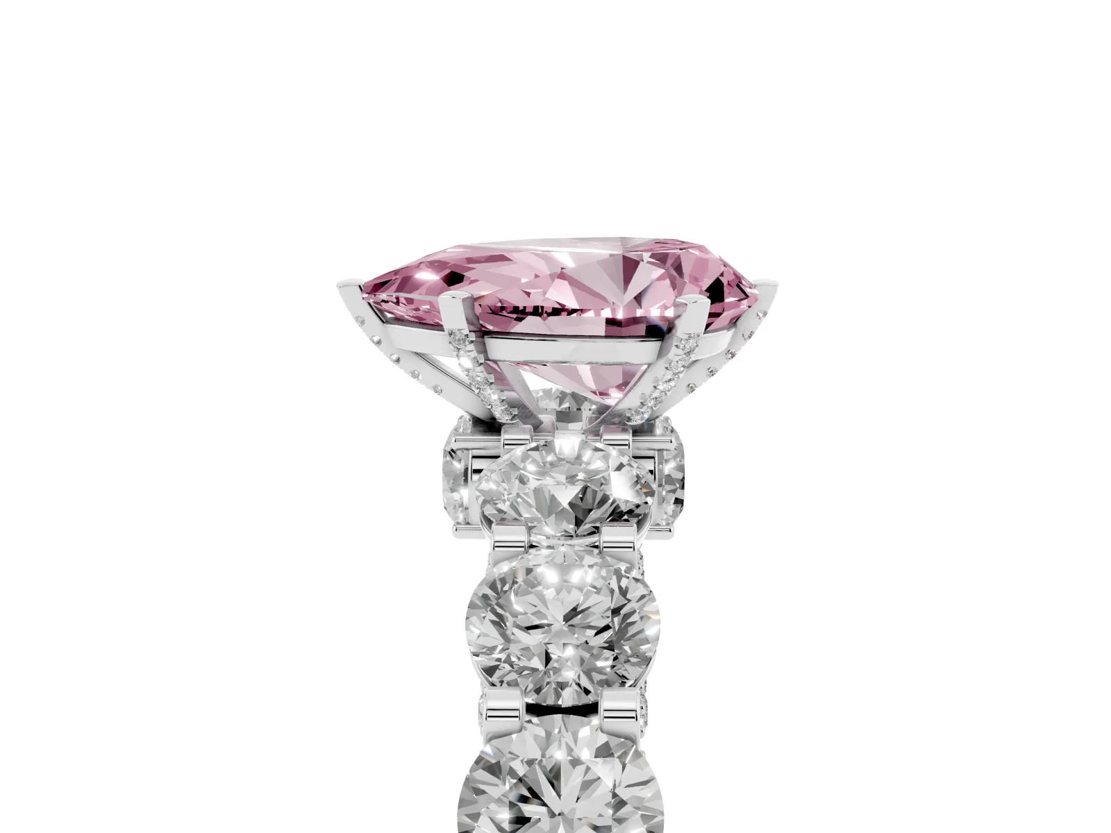 Fancy Pink Pear Cut Diamond Side Stone Engagement Ring with Four-Prong Setting Platinum