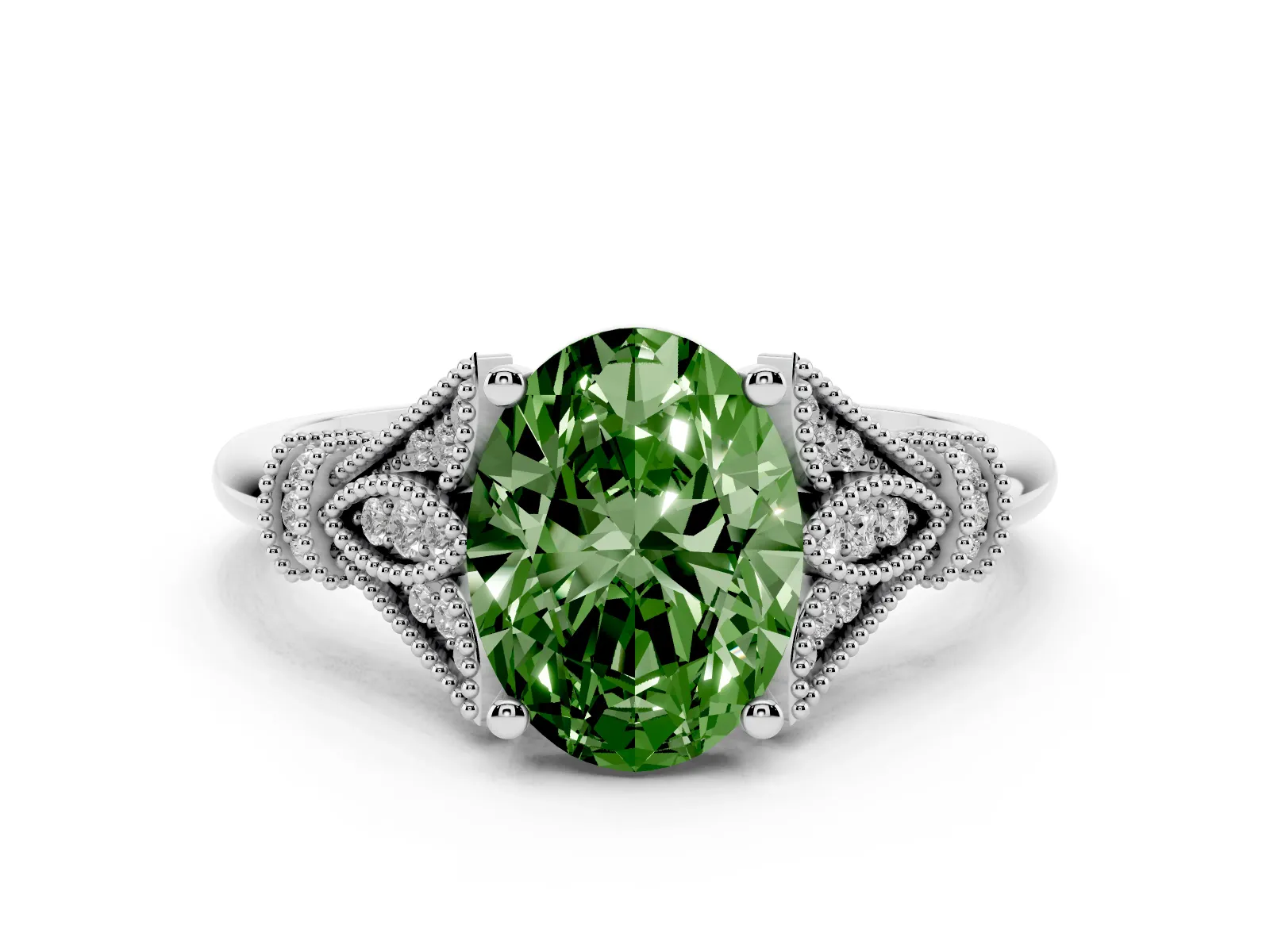 Fancy Green Oval Cut Diamond Solitaire Ring with Floral Filigree and Pave Accents White gold