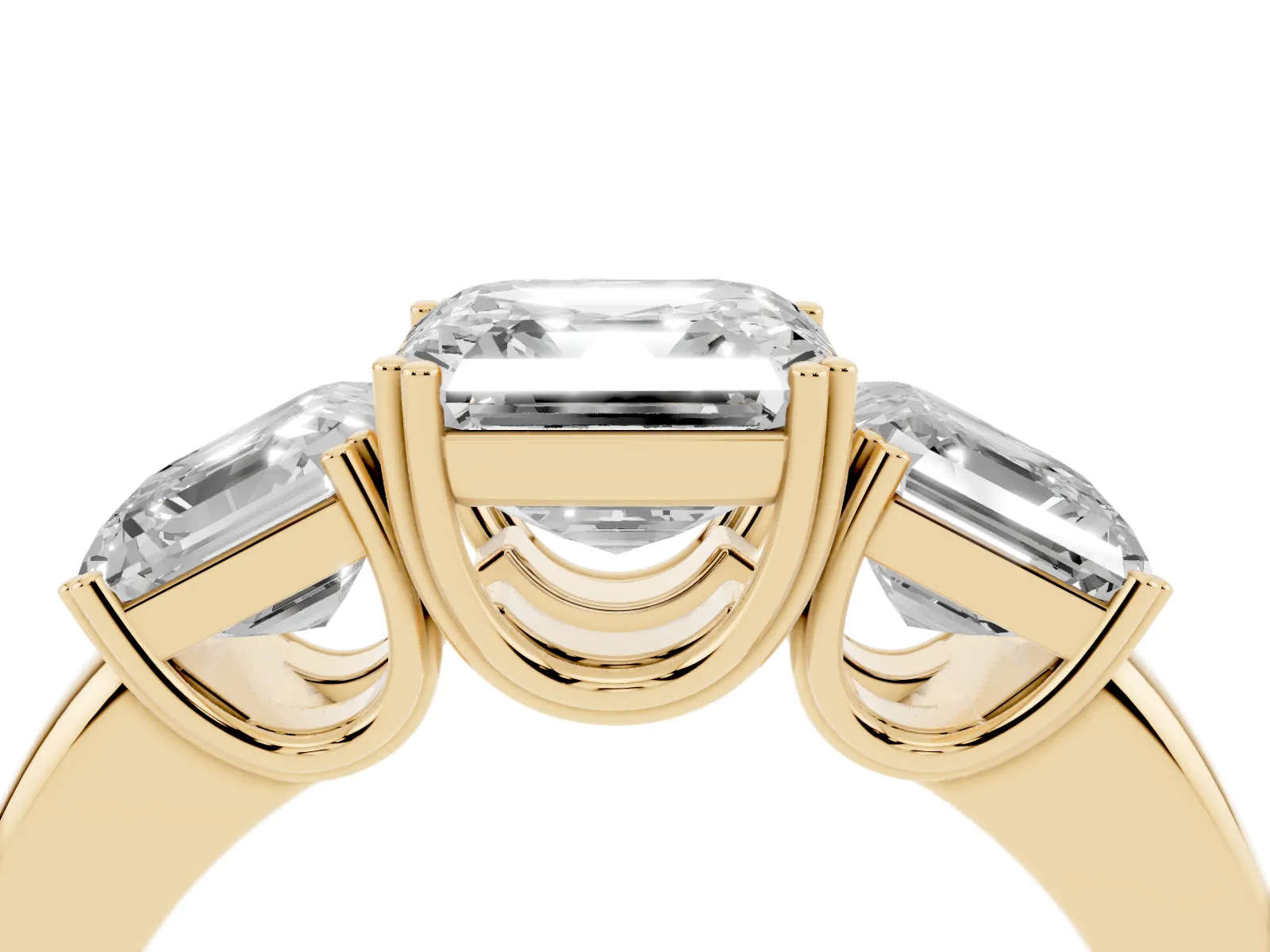 Three-Stone Asscher Cut Cut Diamond Ring with Channel Set Band and Four-Prong Setting Yellow gold
