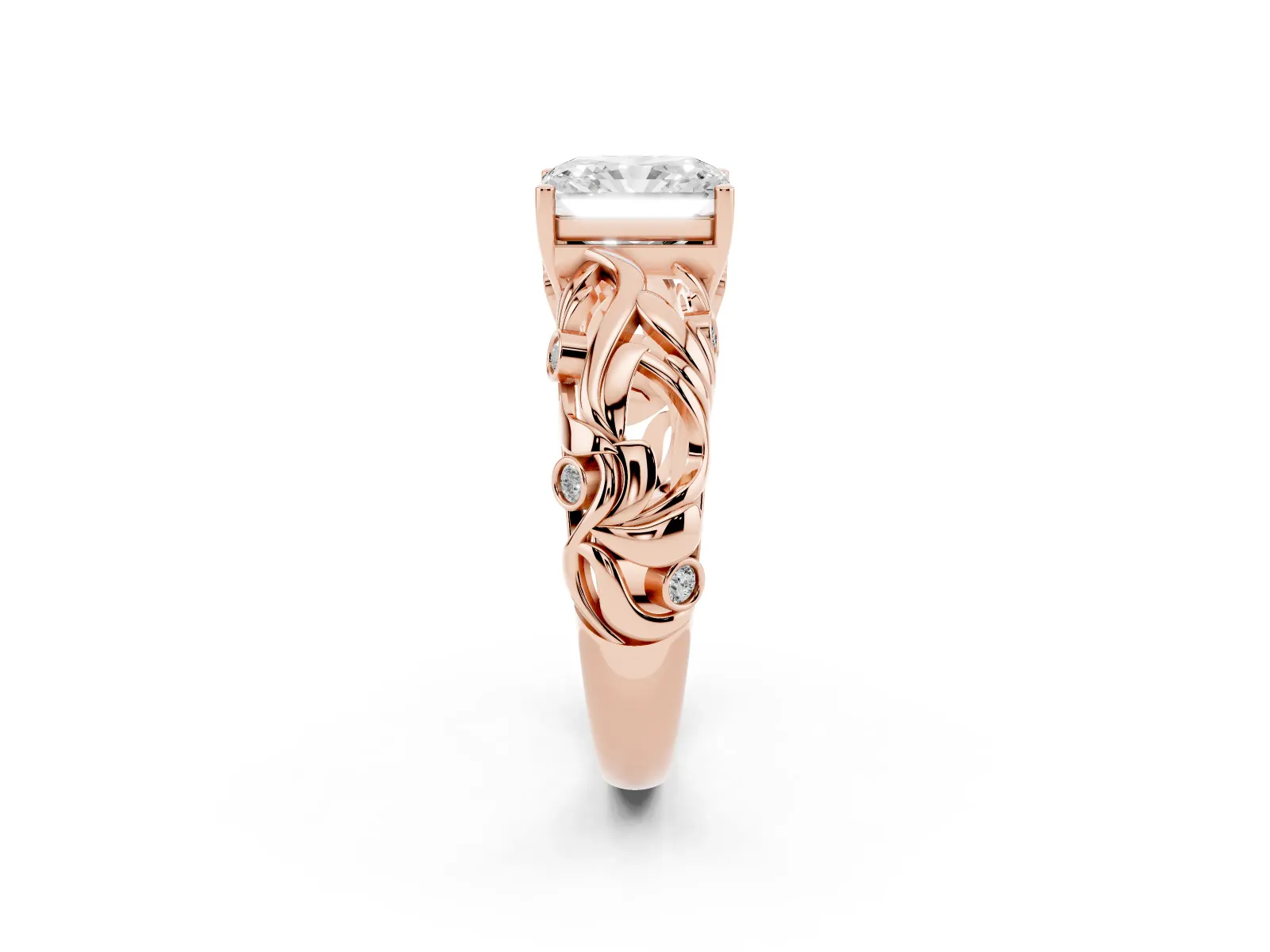 Radiant Cut Solitaire Diamond Leaf-Inspired Vine Band Ring with Prong Setting Rose gold