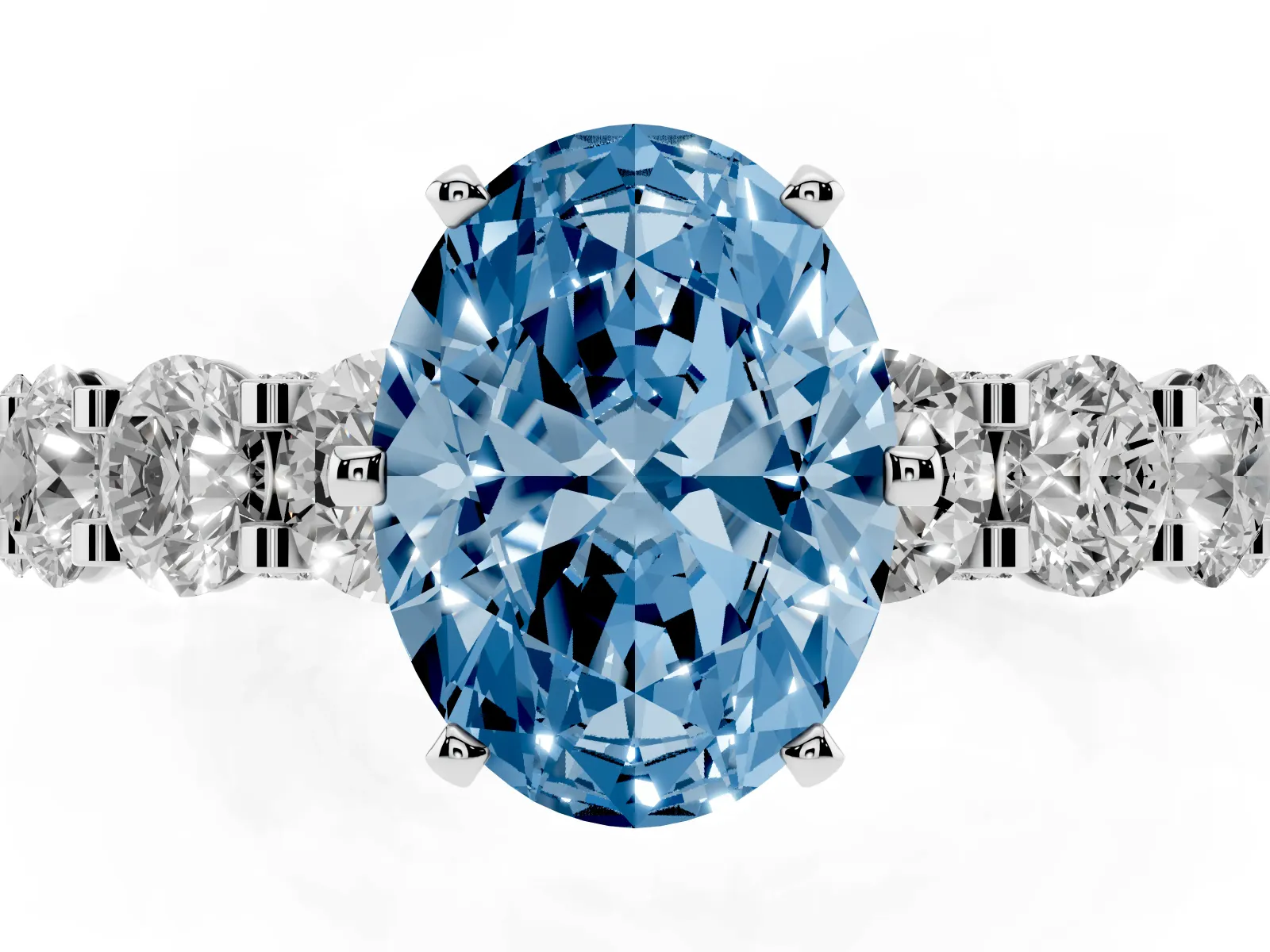 Fancy Blue Oval Cut Diamond Side Stone Engagement Ring with Four-Prong Setting White gold