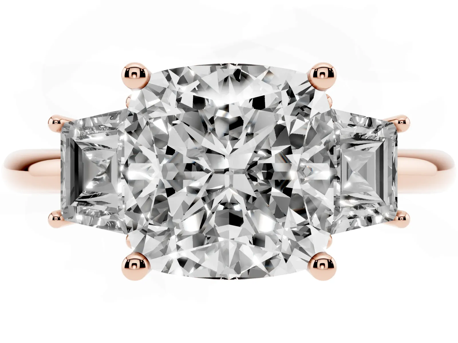 Cushion Cut Diamond Three-Stone Ring with Trapezoid Side Stones and Prong Setting Rose gold