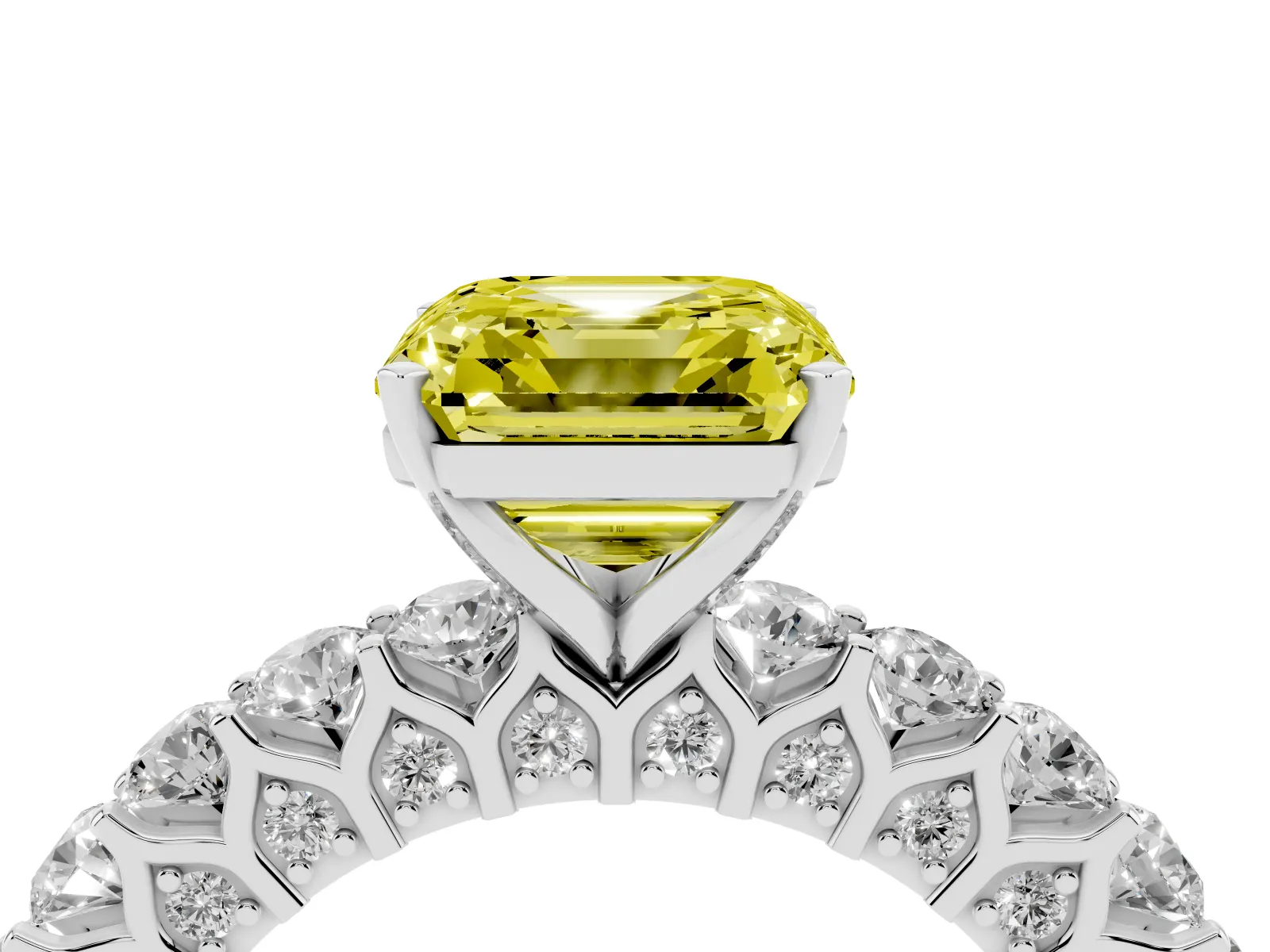 Fancy Yellow Asscher Cut Diamond Solitaire Ring with Shared Prong Pavé Band and Four-Prong Setting White gold
