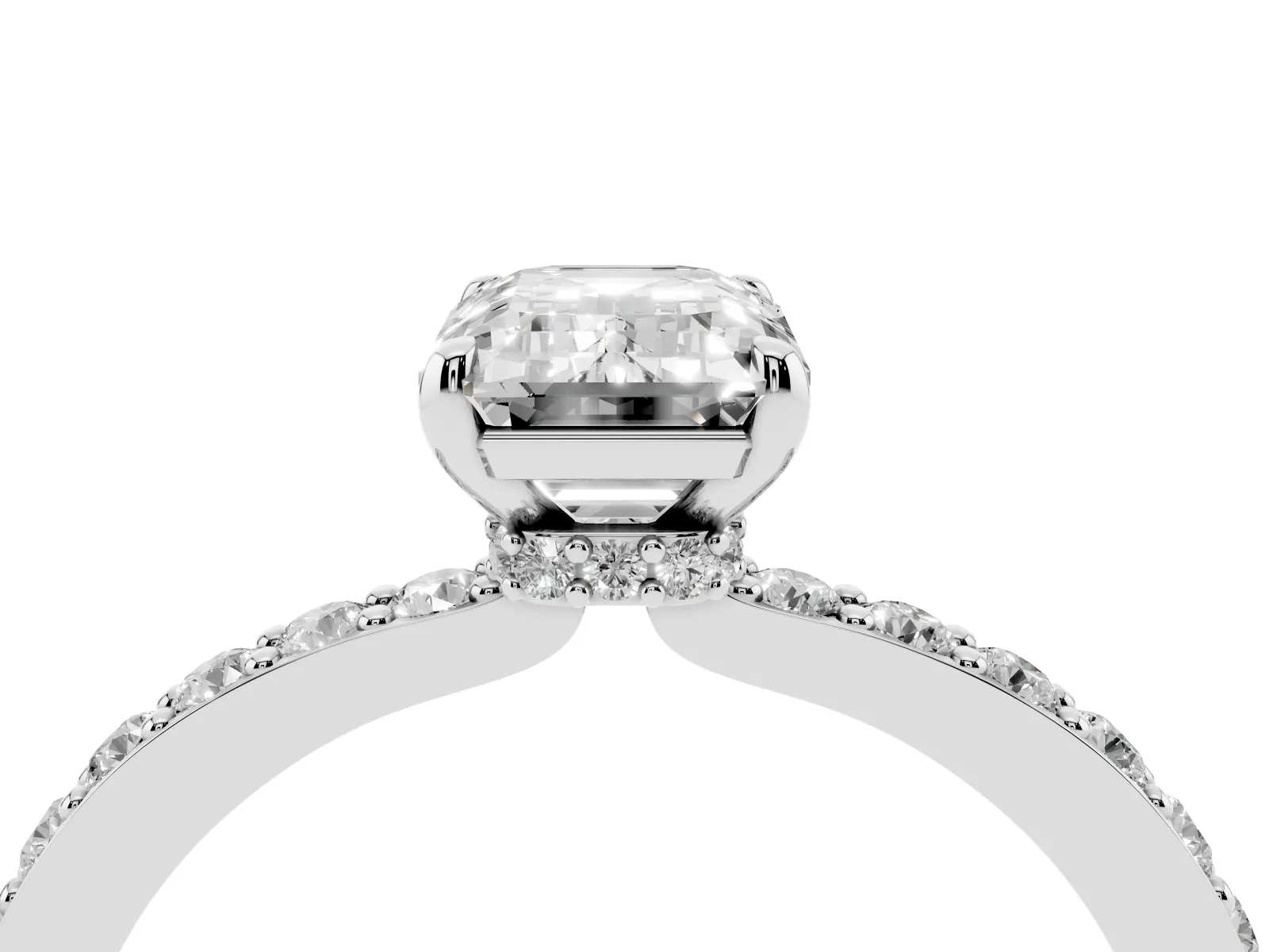 Emerald Cut Diamond Solitaire Engagement Ring with Pavé Band and Four-Prong Setting White gold