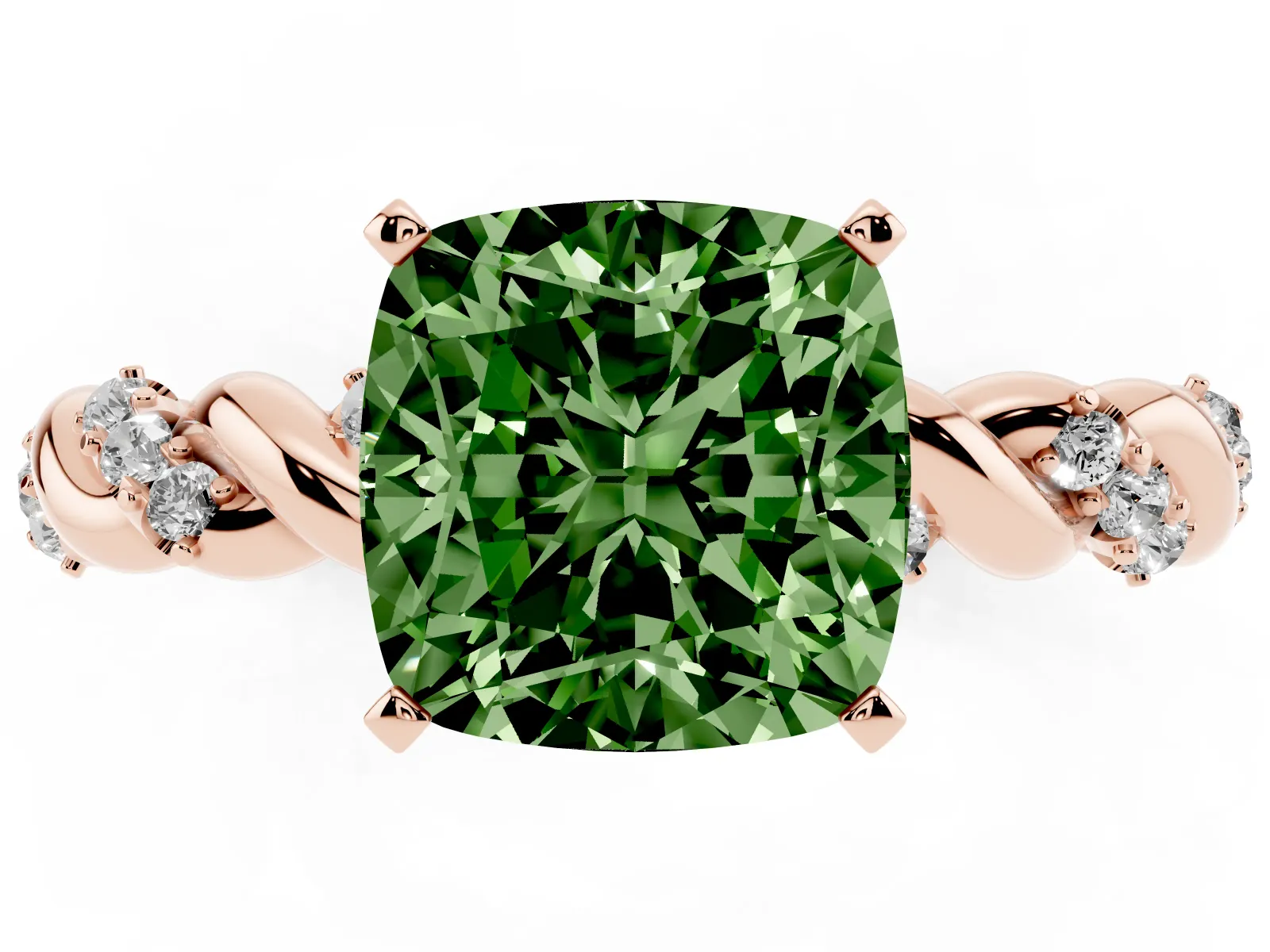 Fancy Green Cushion Cut Diamond Solitaire Ring with Twisted Band and Pavé Accents Rose gold