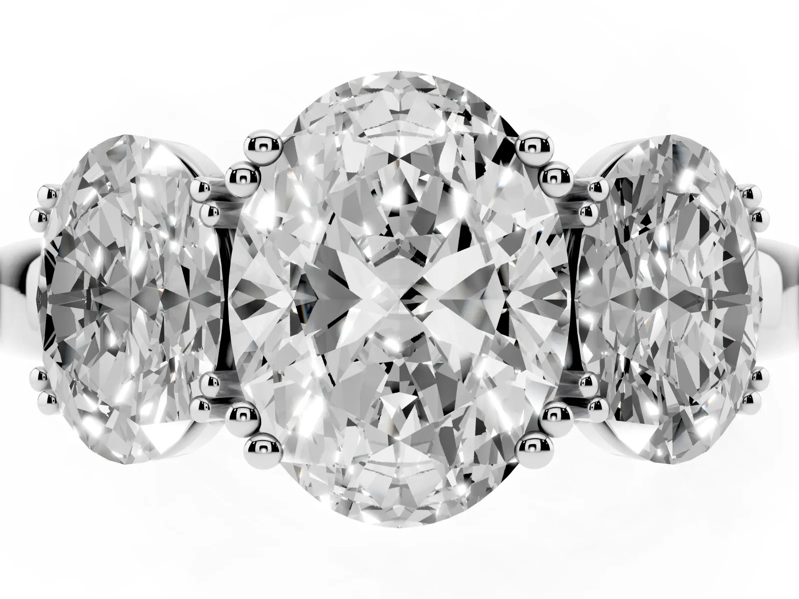 Three-Stone Oval Cut Cut Diamond Ring with Channel Set Band and Four-Prong Setting White gold