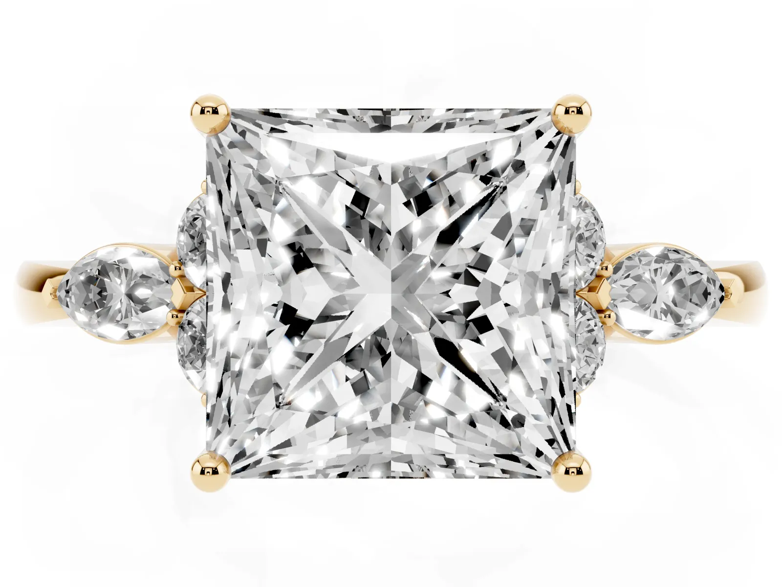 Princess Cut Brilliant Diamond Solitaire Ring with Pear Side Stones and Four-Prong Setting Yellow gold