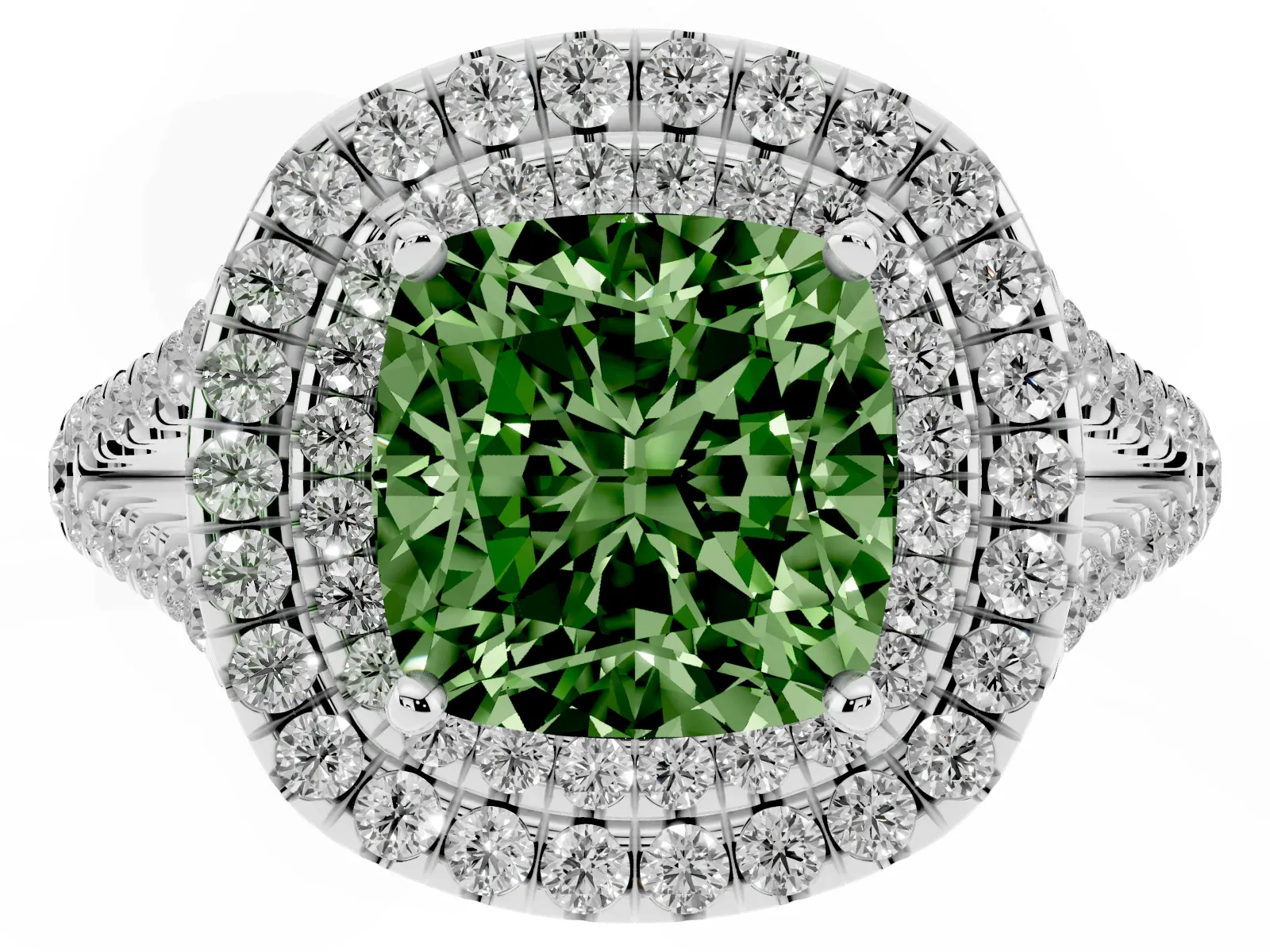 Fancy Green Cushion Cut Diamond Double Halo Ring with Pavé Band and Prong Setting Platinum