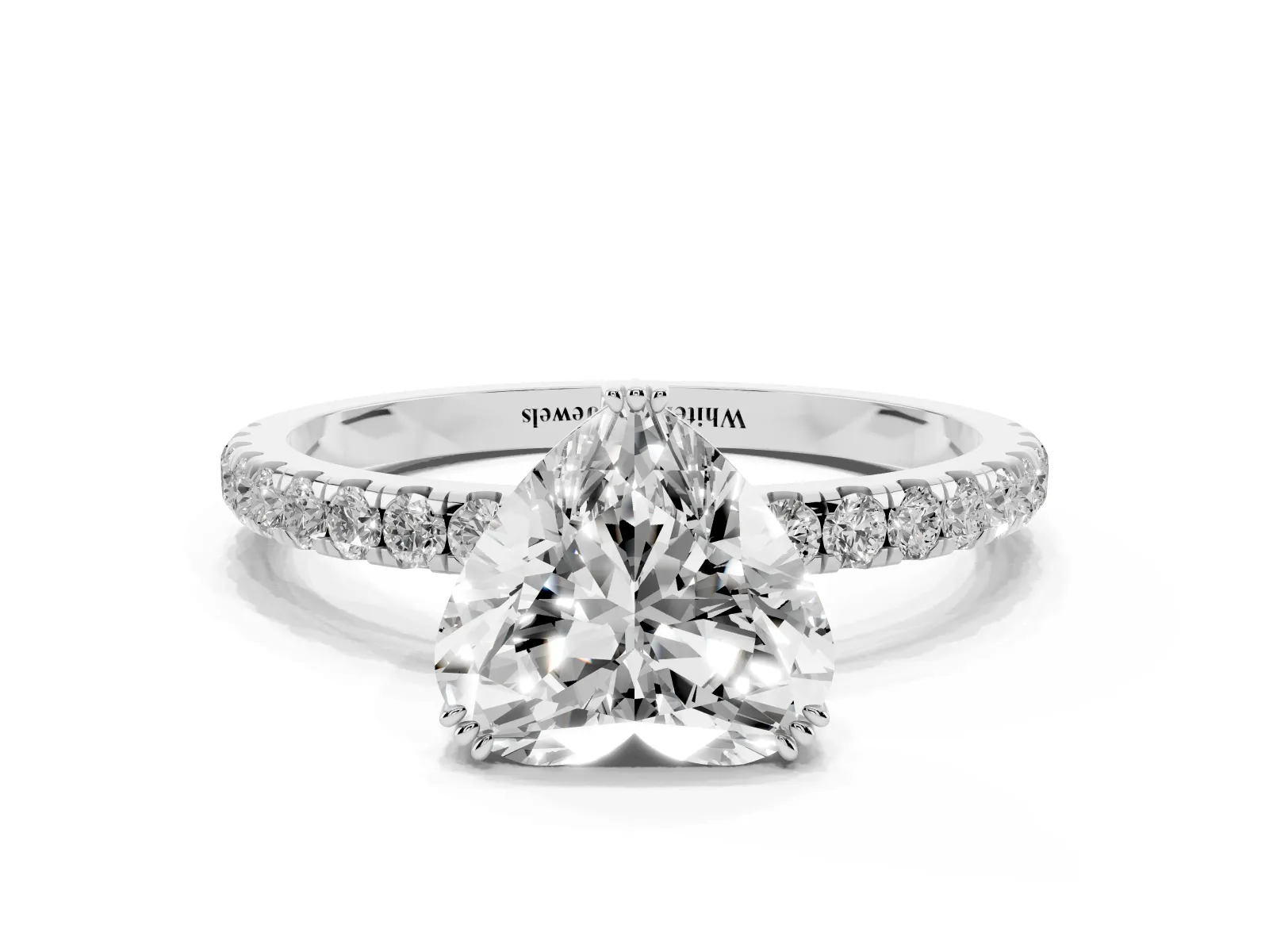 Heart Cut Brilliant Solitaire with Pavé Band and Claw Prong Setting Silver