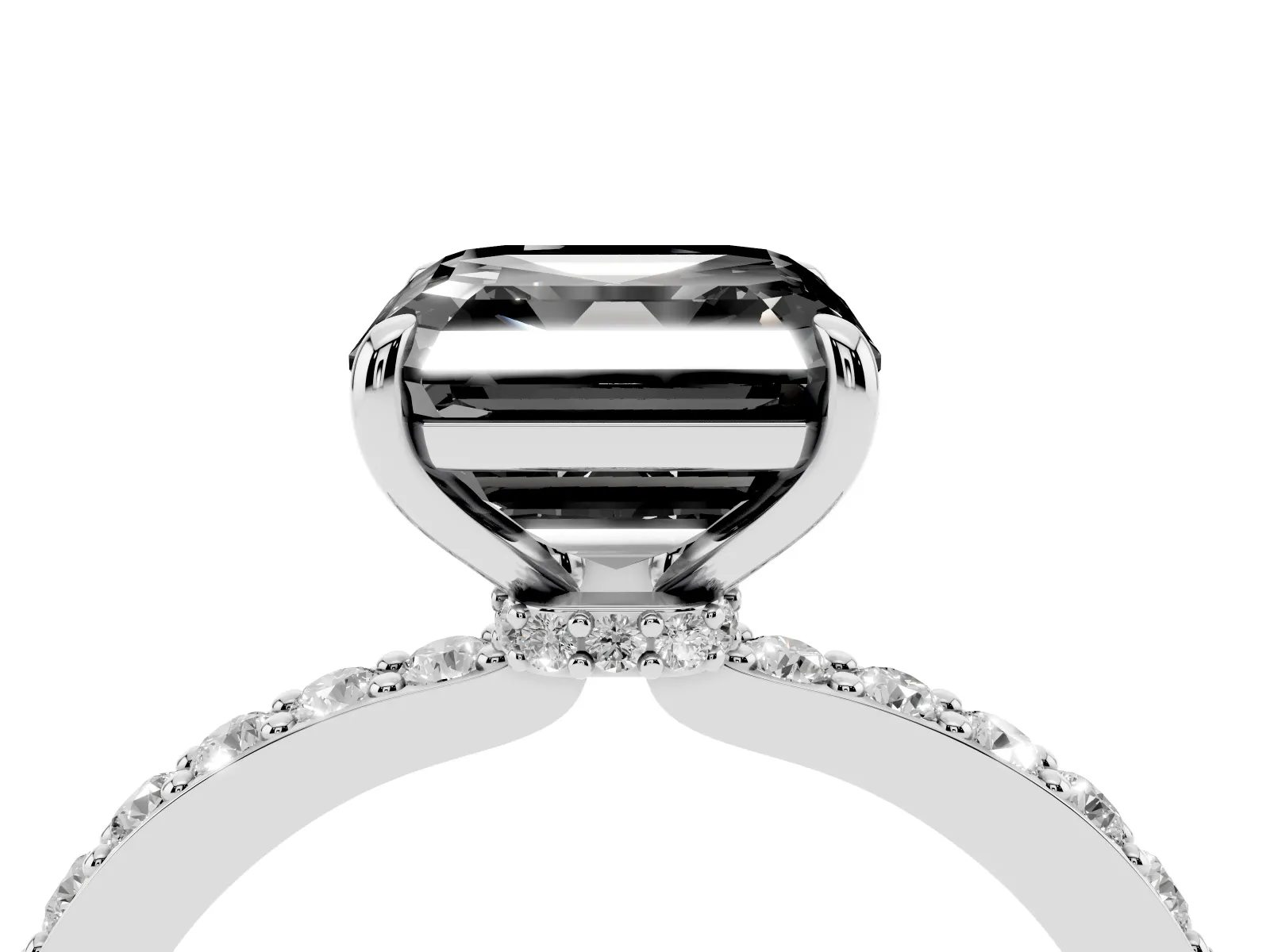 Fancy Black Asscher Cut Diamond Solitaire Engagement Ring with Pavé Band and Four-Prong Setting White gold